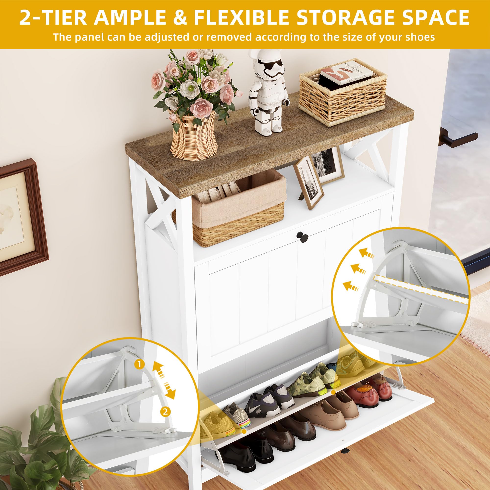 DWVO White Shoe Storage Cabinet with 2 Flip Drawers - Space Saving Entryway Organizer for Shoes, Boots & Accessories | Perfect for Hallway, Closet & Mudroom Organization