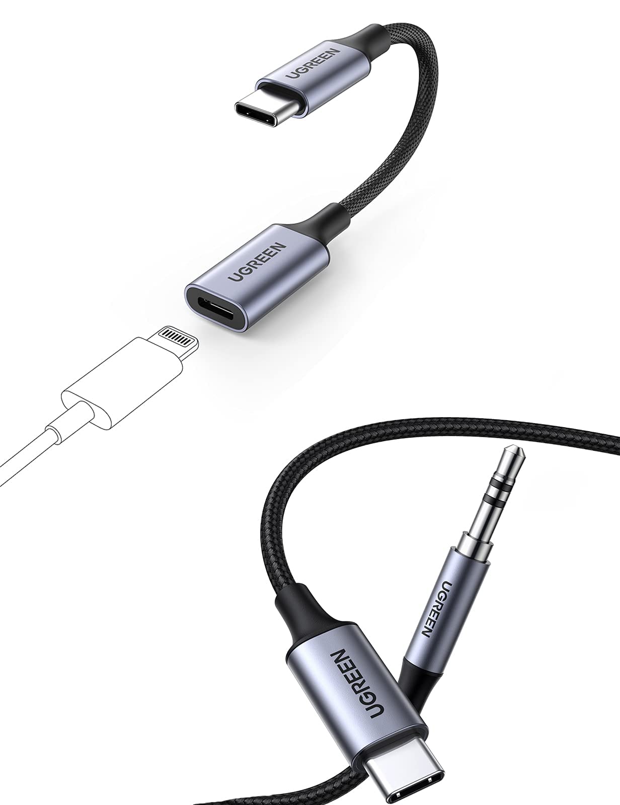 UGREEN USB-C to Lightning Audio Adapter & USB-C to 3.5mm Aux Cable Bundle - Compatible with iPhone, iPad, Car Stereo & Headphones for Seamless Audio Connection