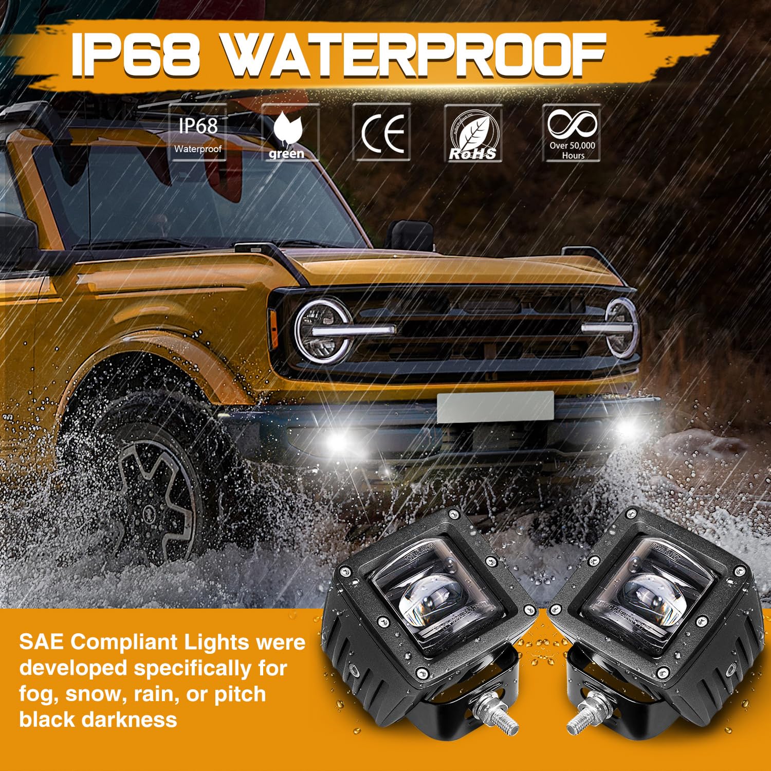 2Pcs 3 Inch SAE DOT Approved LED Fog Light Pods - Square Off-Road Driving Lights for Trucks, Wrangler JK, Nissan, Ram 4x4, Tacoma, Motorcycle & Boat - Perfect for Night Driving, Foggy Conditions & Off-Road Adventures