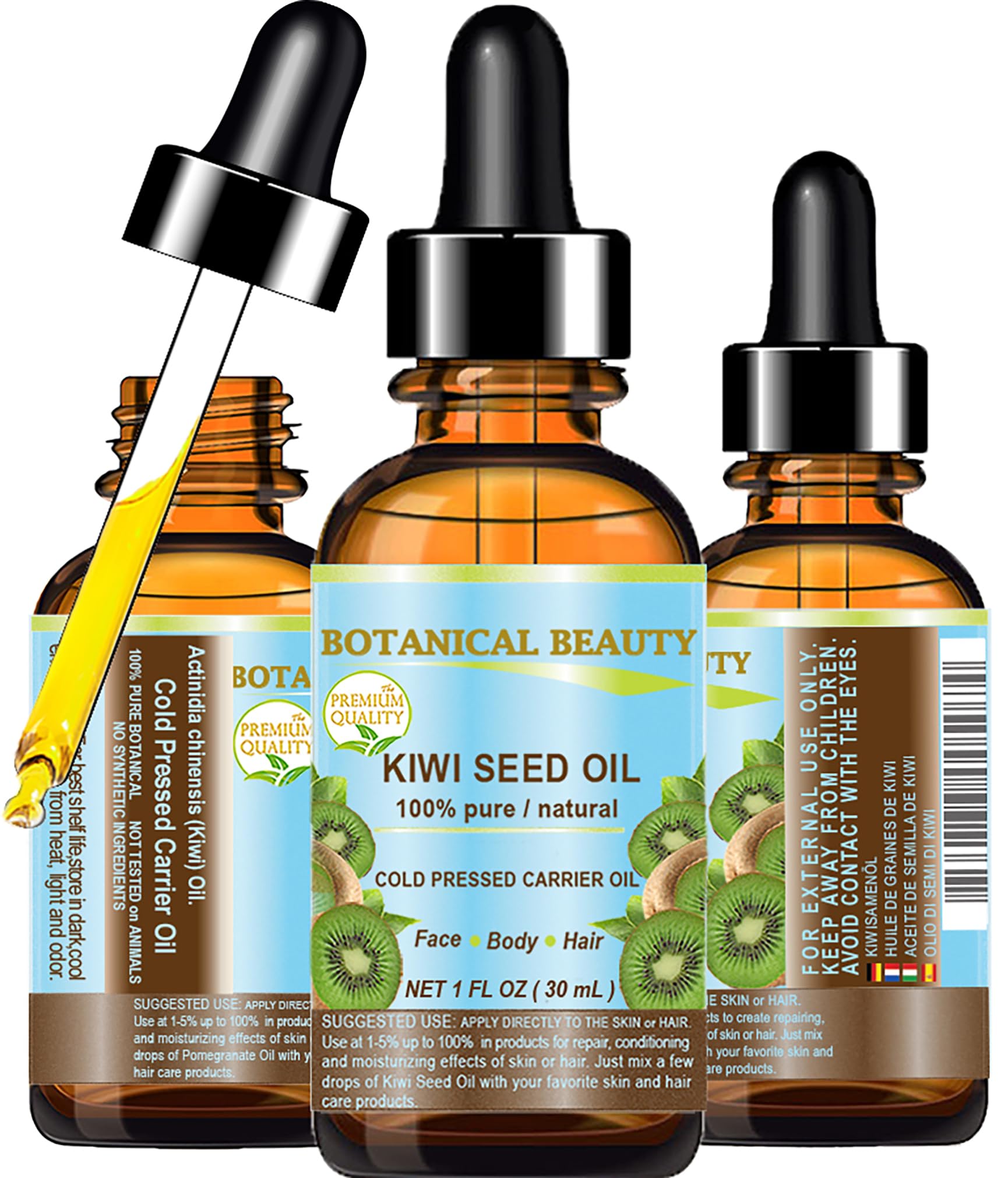100% Pure Natural Kiwi Seed Oil - Cold Pressed, Undiluted, Virgin Carrier Oil for Face, Skin, Body, Hair & Nail Care (1 Fl.oz / 30ml) - Botanical Beauty Solution for Hydration & Anti-Aging