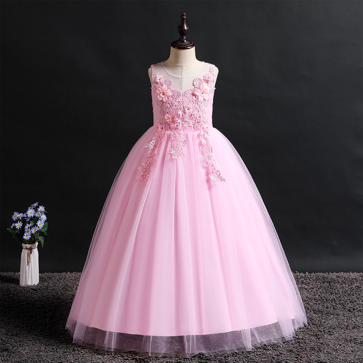 Little Big Girl Flower Tulle Dress Princess Pageant Gown - Birthday Party, Wedding, Formal Dance, Evening Maxi Dress for Special Occasions