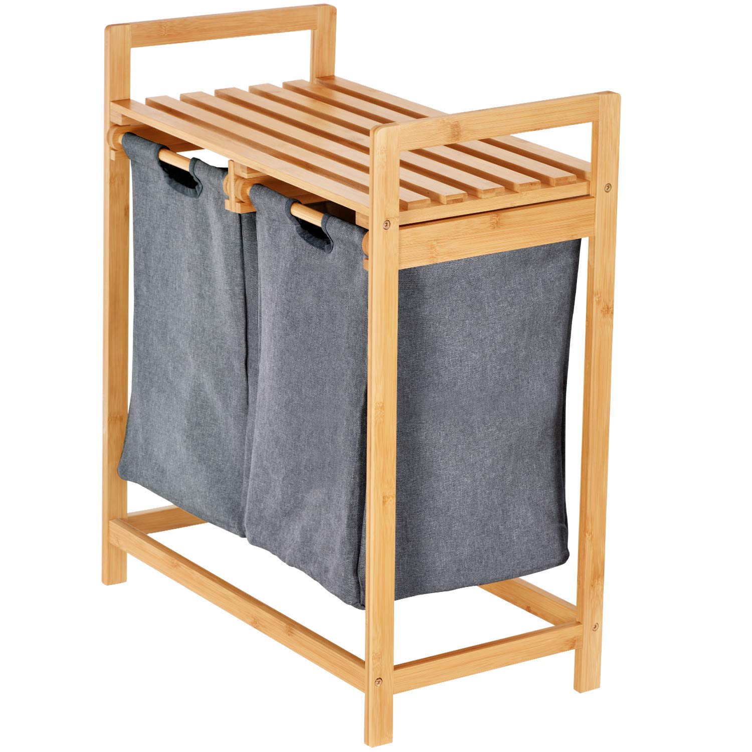 Bamboo Hamper with Dual Compartments & 5-Tier Freestanding Bathroom Organizer Shelf - ToiletTree Premium Bamboo Storage Bundle for Laundry, Towels & Bath Essentials | Space-Saving Bathroom Organization Solution