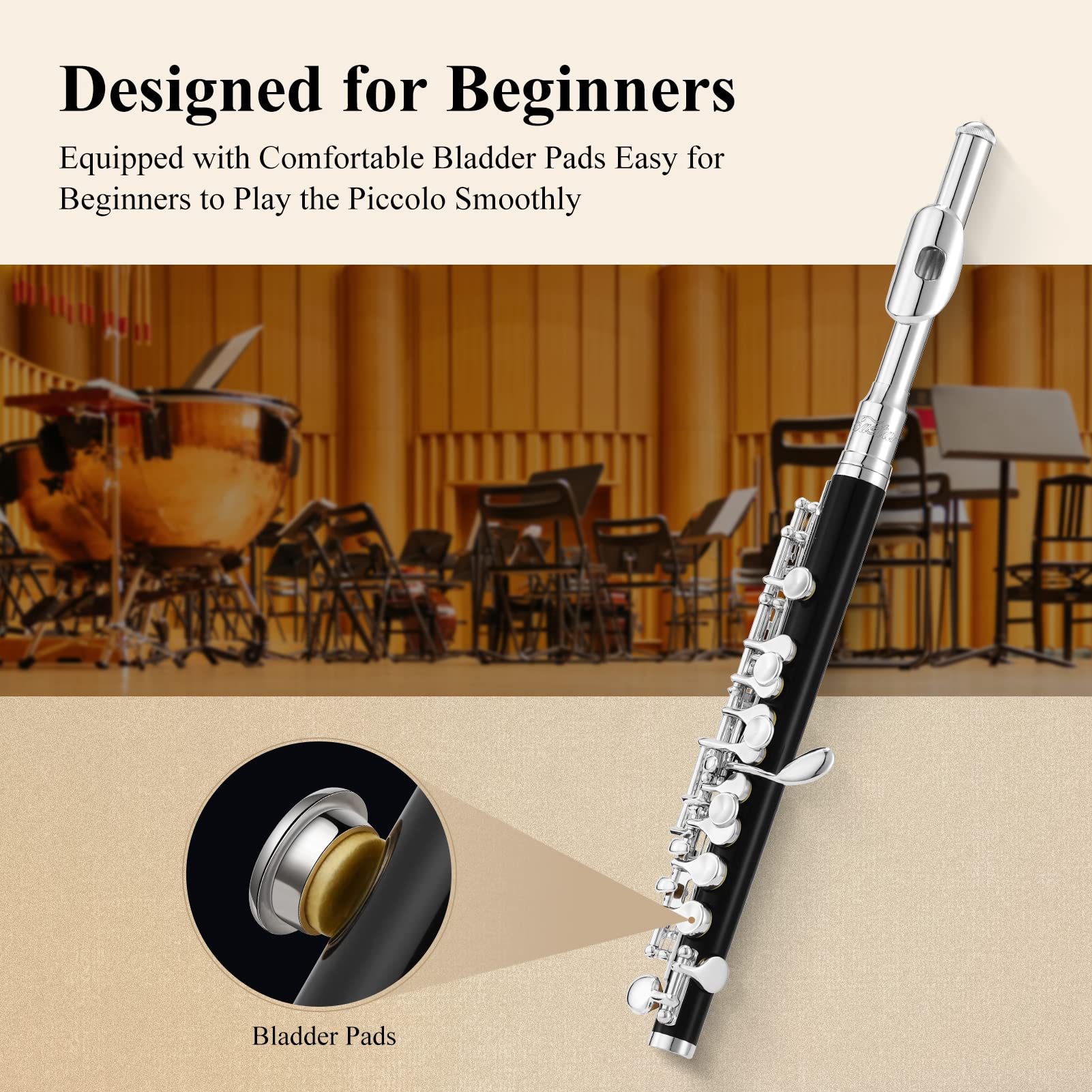 Eastar EPC-3S Silver Plated C Key Piccolo Flute for Beginners - Resin Body with Hard Case, Cleaning Kit & Gloves | Perfect for School Band, Music Lessons & Practice Sessions
