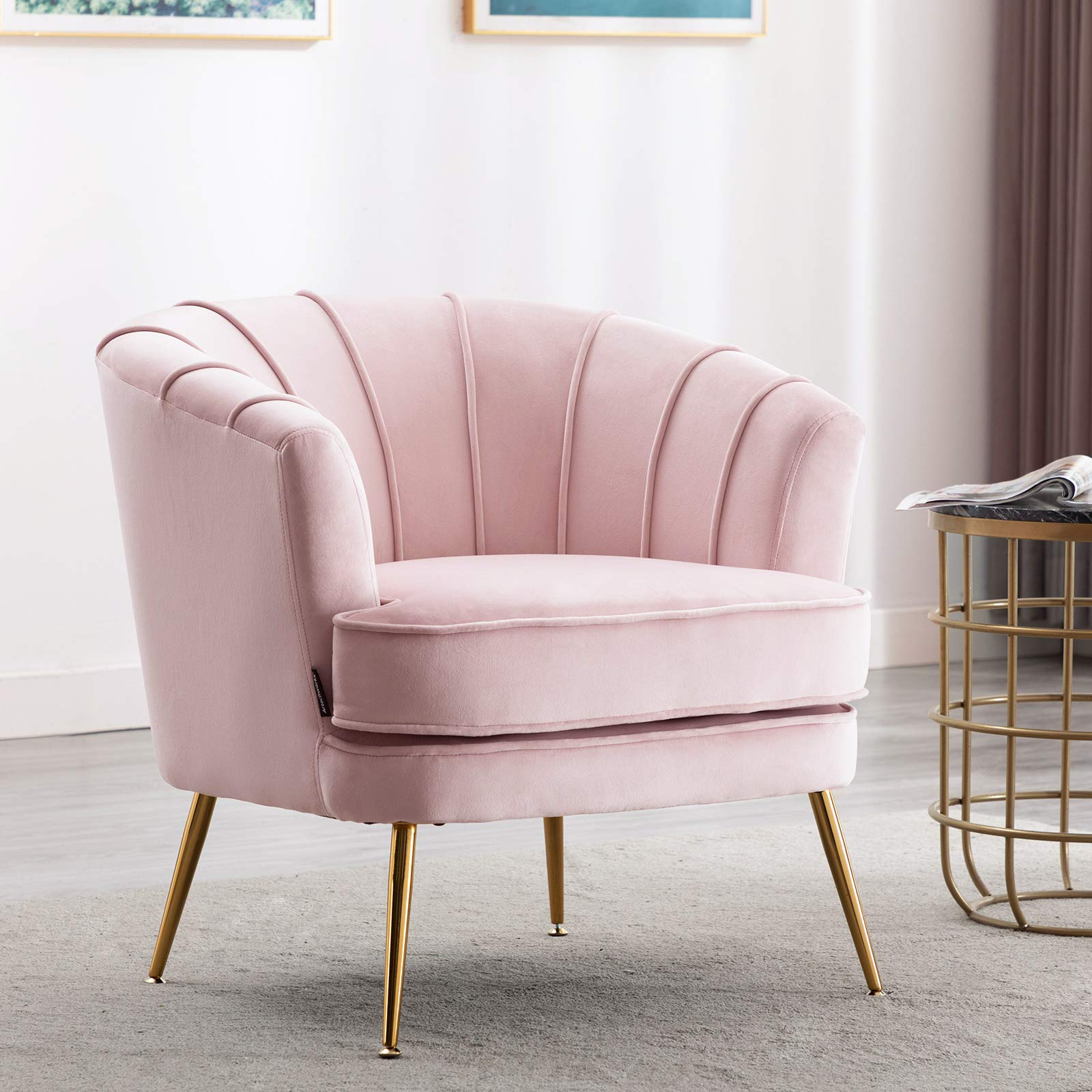 Velvet Barrel Chair with Golden Legs - Pink Tufted Accent Armchair for Living Room & Bedroom Decor