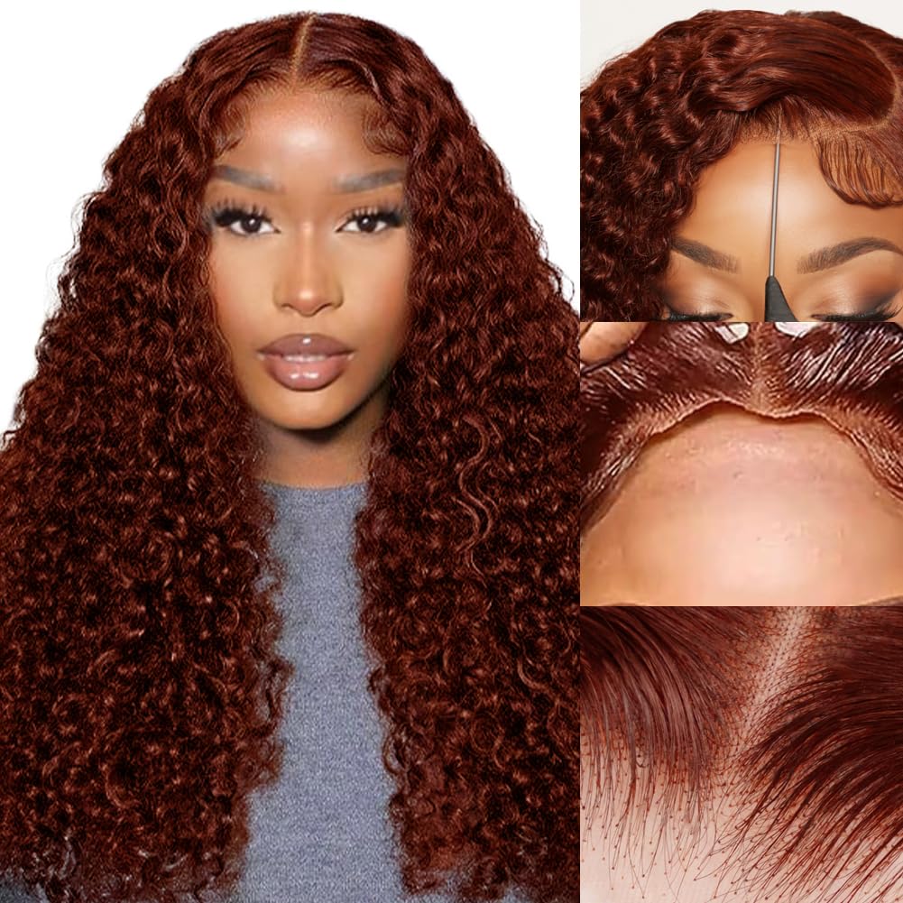 FABA Reddish Brown Glueless Human Hair Wig | Pre-Plucked & Pre-Cut Deep Wave 7x5 Closure | Wear & Go Invisible Knots | 180% Density Auburn Curly Wig for Women (18 Inch) | Perfect for Daily Wear, Parties & Special Occasions