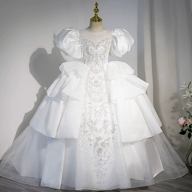 Elegant White Princess Round Floor Length Satin Flower Girl Dress for Weddings & Special Occasions