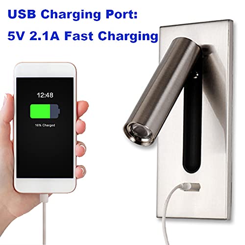 LED Bedside Reading Wall Light with USB Fast Charging - Adjustable Swivel Head, Wall Mount Night Light (Nickel, Soft White 4000K) - Perfect for Bedroom, Study Room & Dorm Reading