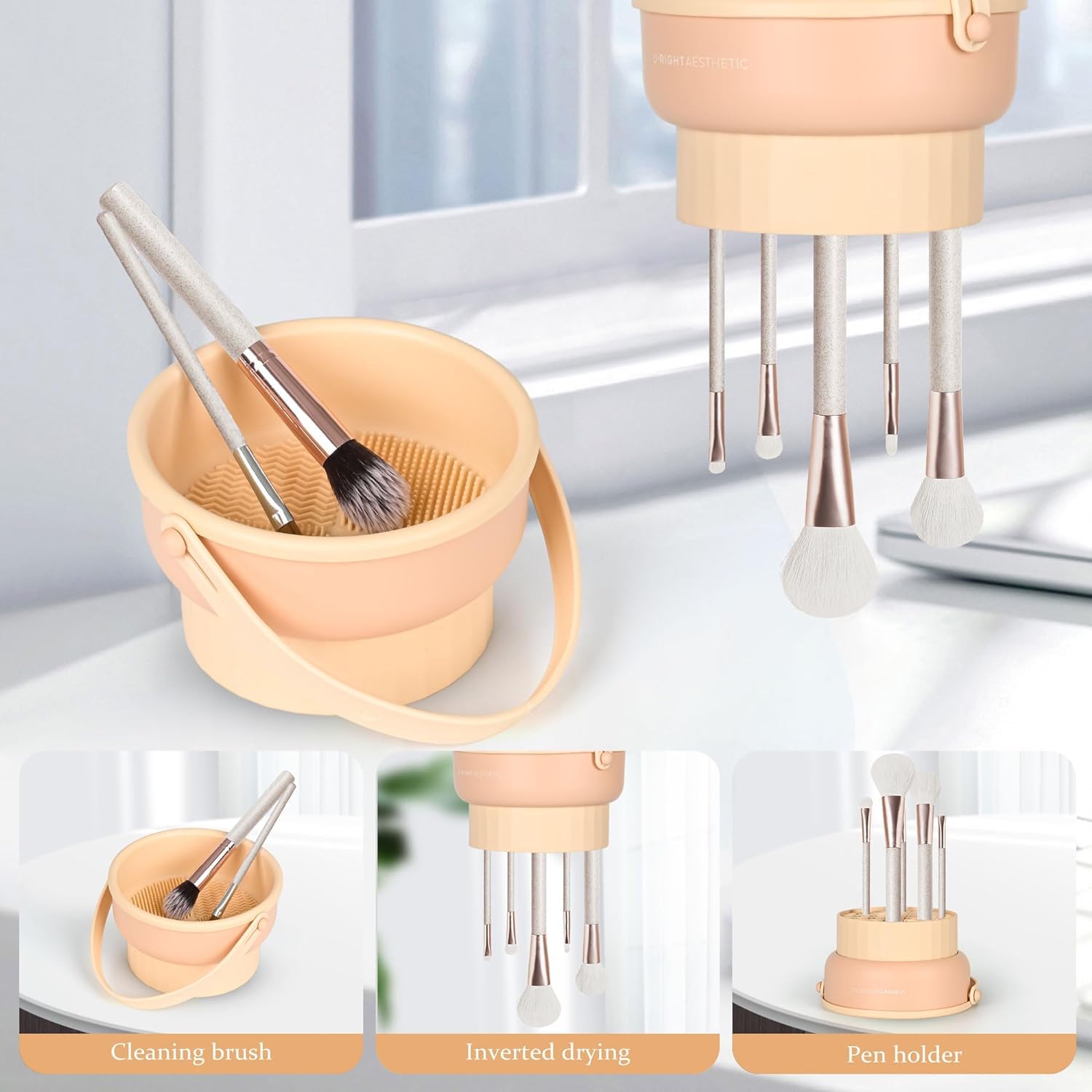 VIHM 3-in-1 Silicone Makeup Brush Cleaner Mat with Drying Rack & Storage Bowl - Professional Cosmetic Brush Cleaning Tool for Makeup Artists & Beauty Enthusiasts - Perfect for Home, Salon & Travel Use