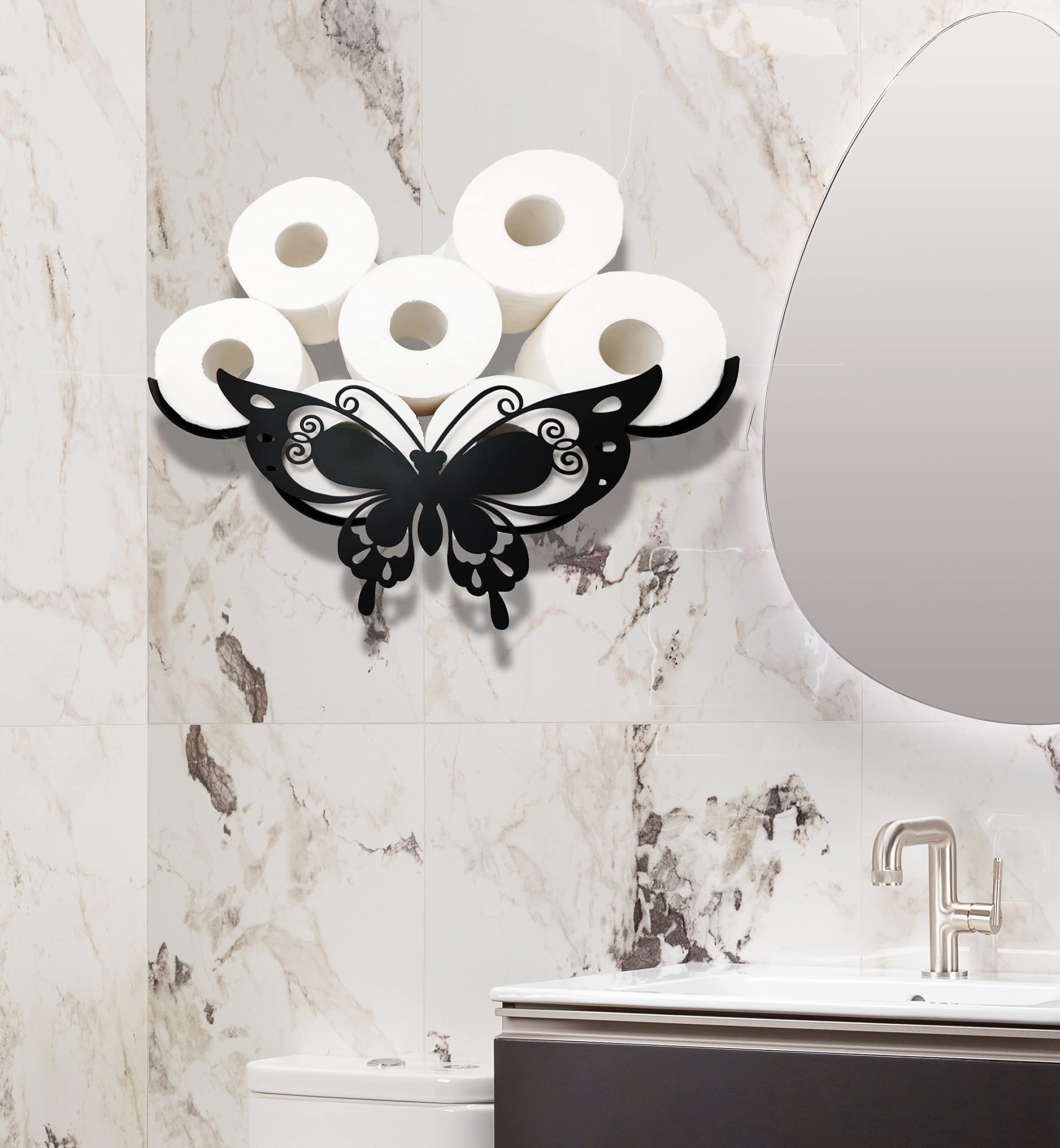 Black Metal Butterfly Wall-Mounted Toilet Paper Holder - Decorative Animal Tissue Storage for Bathroom - Holds 8 Extra Rolls - Perfect for Home, Apartment & RV Bathroom Decor