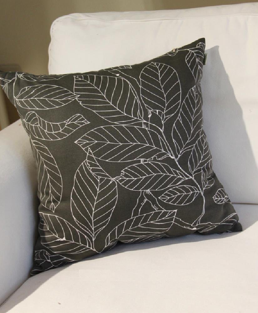 TangDepot Decorative Handmade Floral Leaf Throw Pillow Covers - 10 Sizes (12x18, 18x18, 20x20 Inches) - Gray Leaf Design for Sofa, Bed & Home Decor