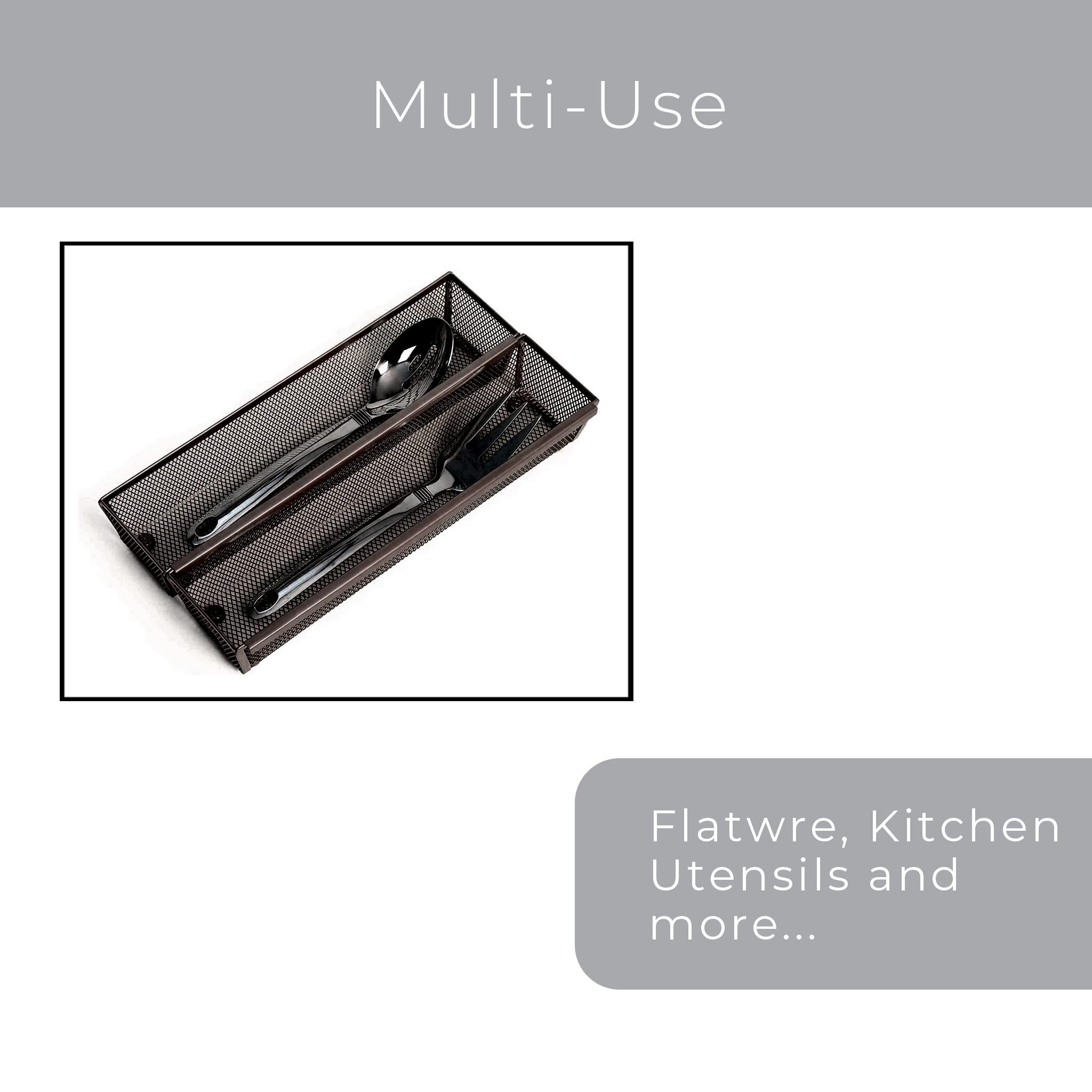 Smart Drawer Organizer 12 x 3 Inch - Steel Mesh Tray with Interlocking Arms - Kitchen Utensil & Silverware Storage - Bronze Finish | Perfect for Kitchen Drawers, Office Supplies, and Craft Organization