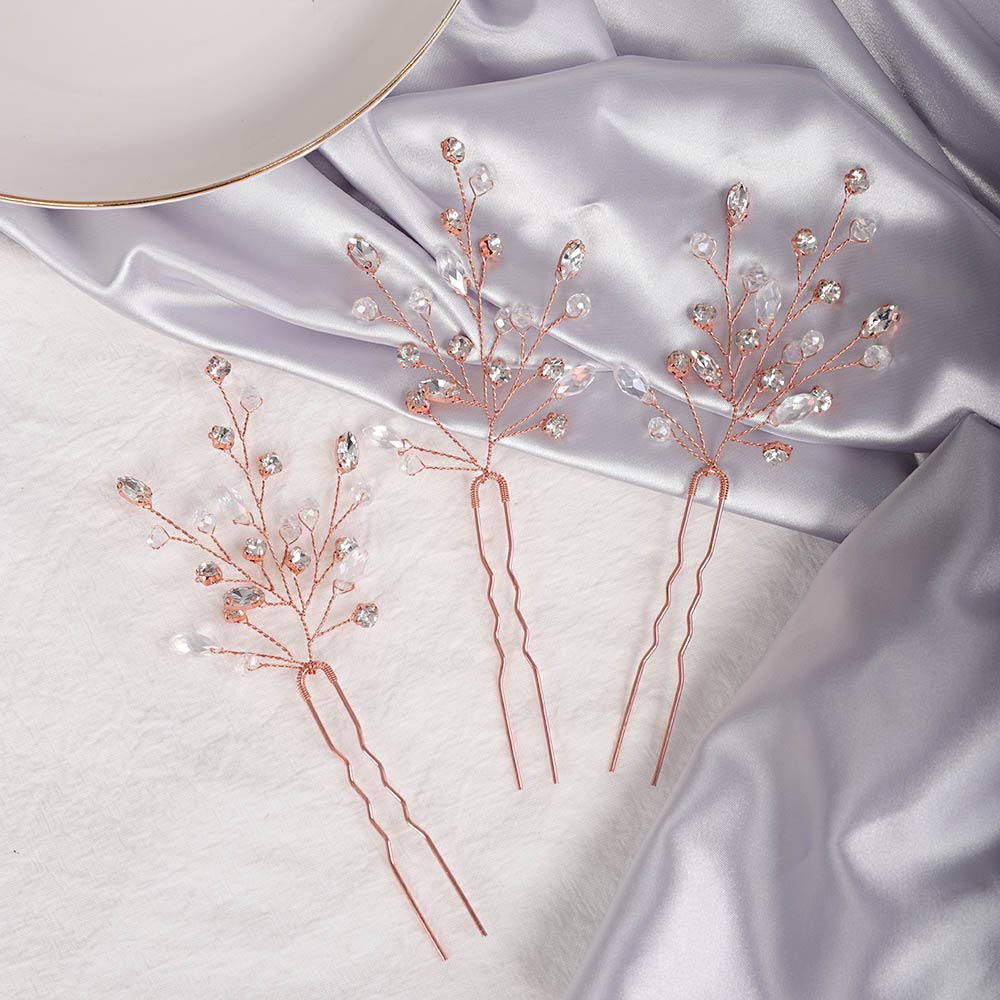 YERTTER 3Pcs Rose Gold Crystal Hair Pins for Wedding - Bridal Hair Accessories with Rhinestones for Bride & Bridesmaids, Perfect for Updos, Buns & Special Occasions