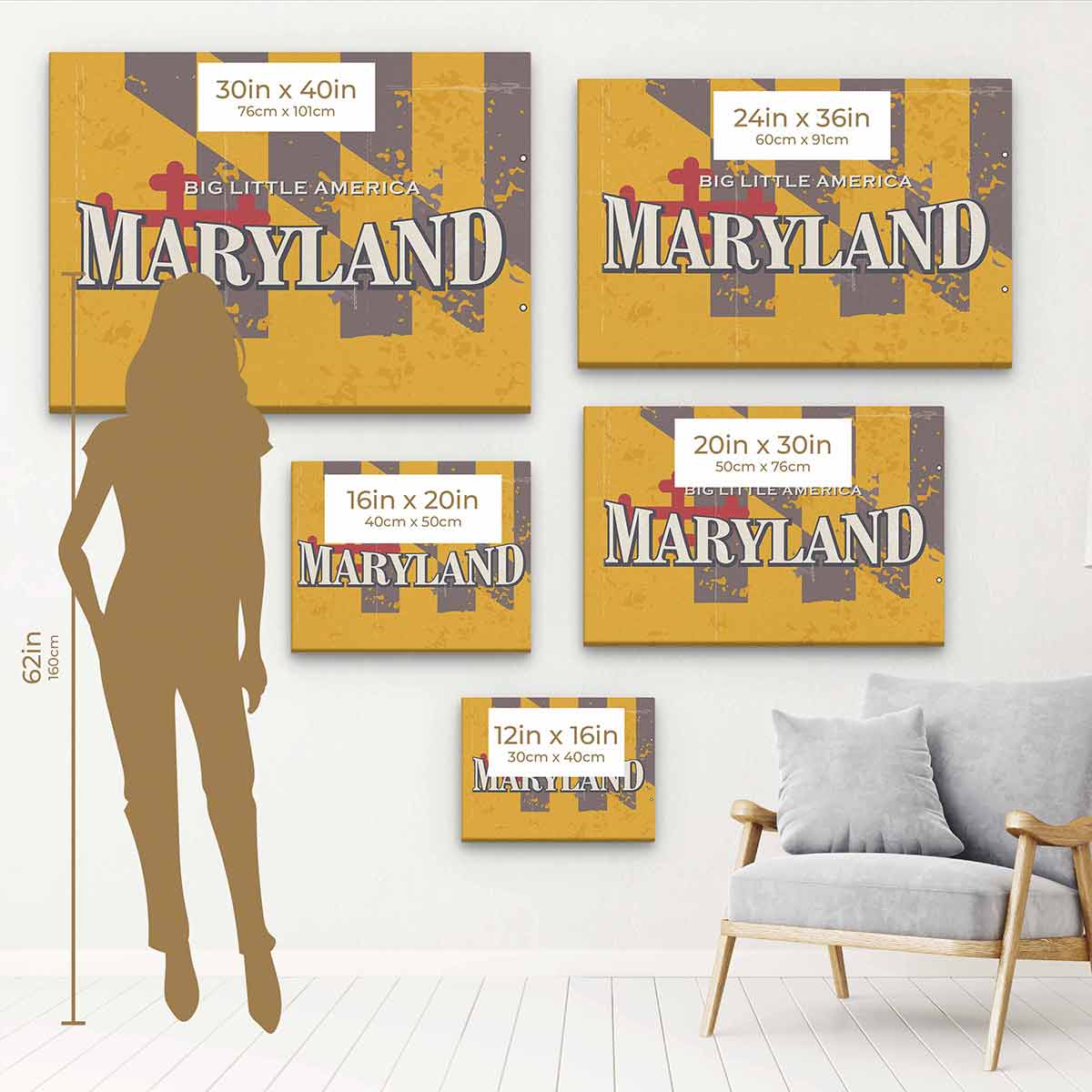 Yellow Maryland Wall Art Canvas - 22 Inch Modern Home Decor for Living Room, Bedroom & Office | Vibrant Abstract Painting