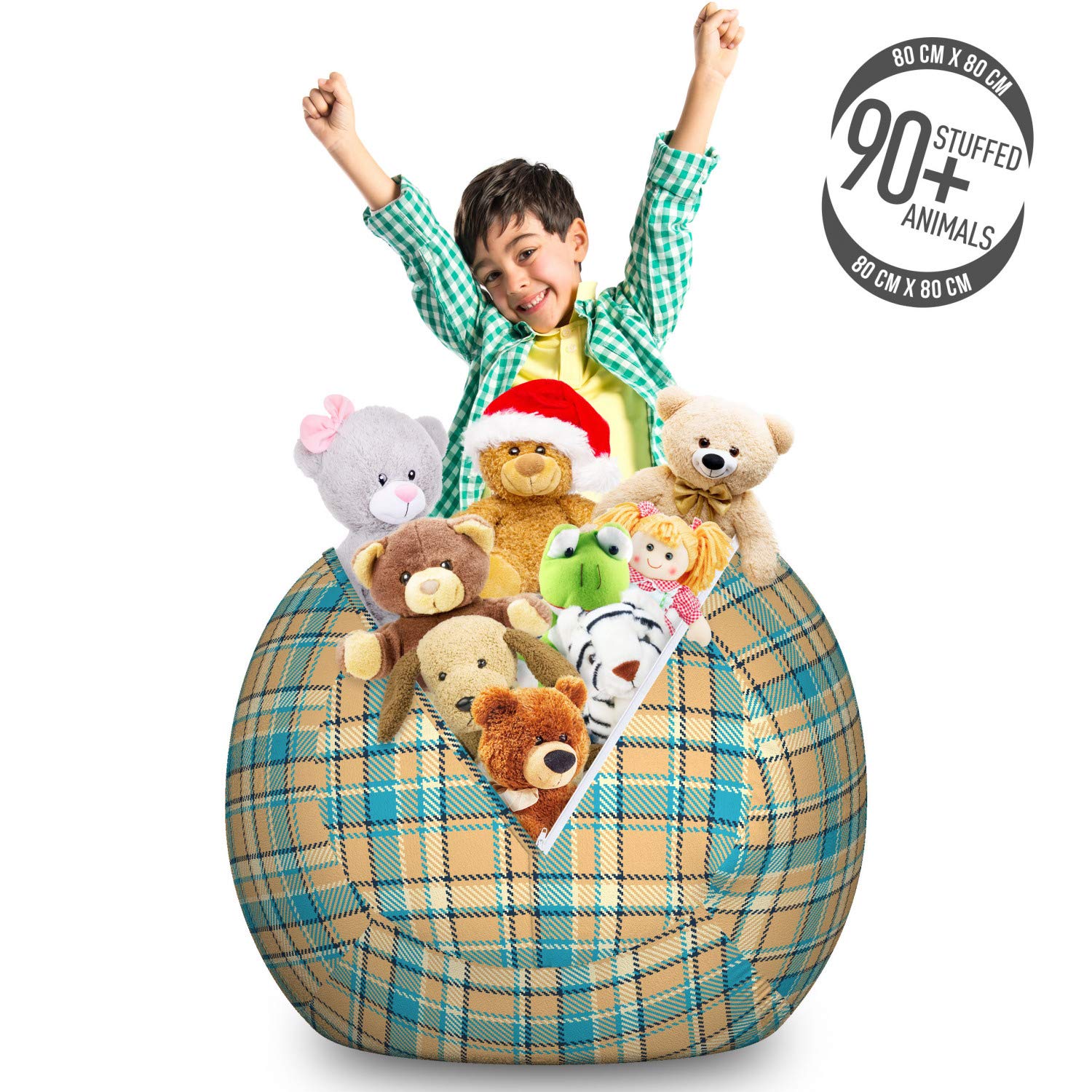 Ambesonne Checkered Storage Toy Bag Chair - Large Washable Stuffed Animal Organizer with Celtic-Inspired Zigzag Pattern in Cream & Pale Blue | Perfect for Kids' Room, Playroom & Nursery Organization