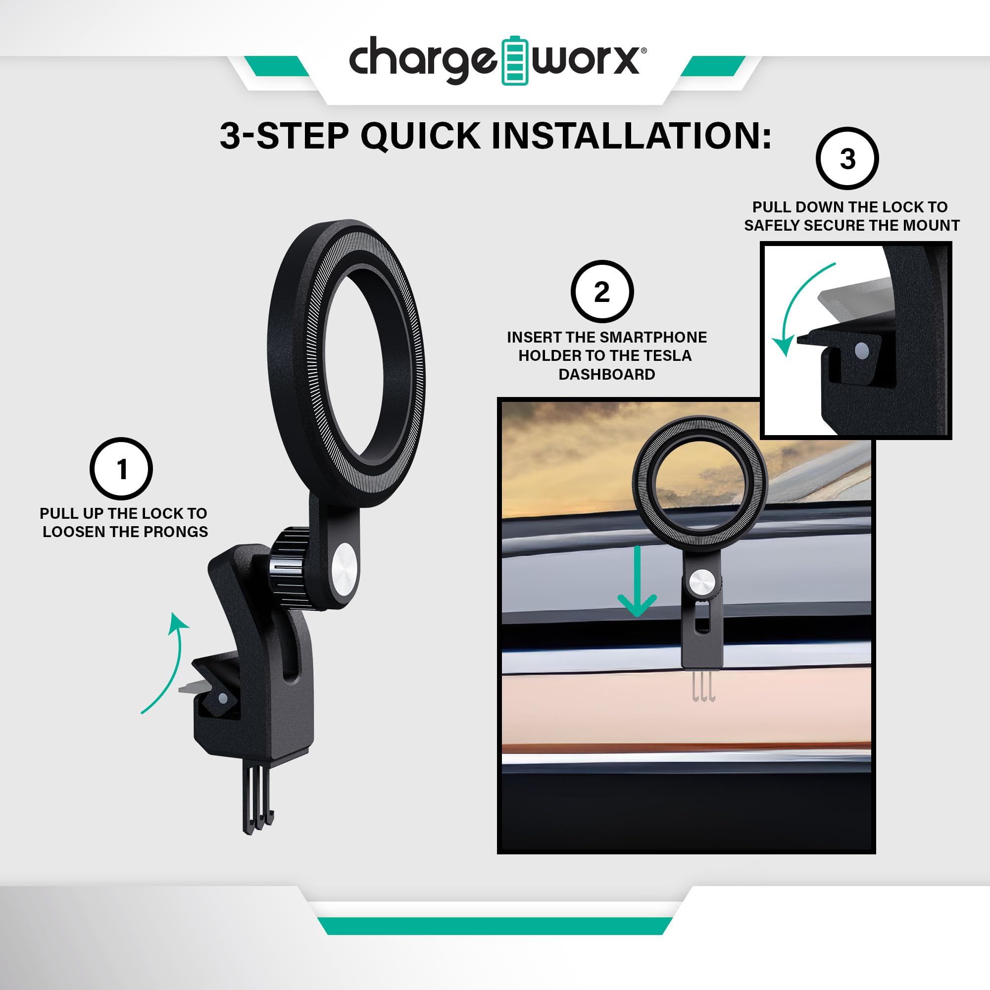ChargeWorx Tesla Smartphone Mount Holder - 17 Strong Magnet Design for Tesla Model 3/Y/X/S | MagSafe Compatible iPhone Car Mount | Secure Magnetic Phone Holder for Driving, Navigation & Hands-Free Calling