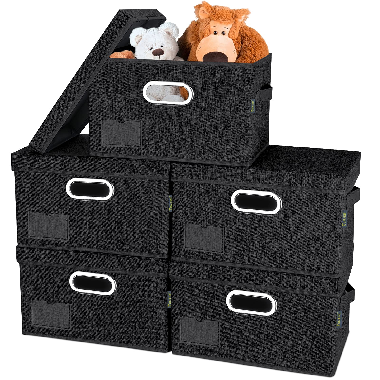 BALEINE Foldable Fabric Storage Bins with Lids - 5 Pack Extra Large Black Collapsible Closet Organizers for Bedroom, Office & Home Organization | Space-Saving Storage Solutions for Clothes, Toys & Seasonal Items