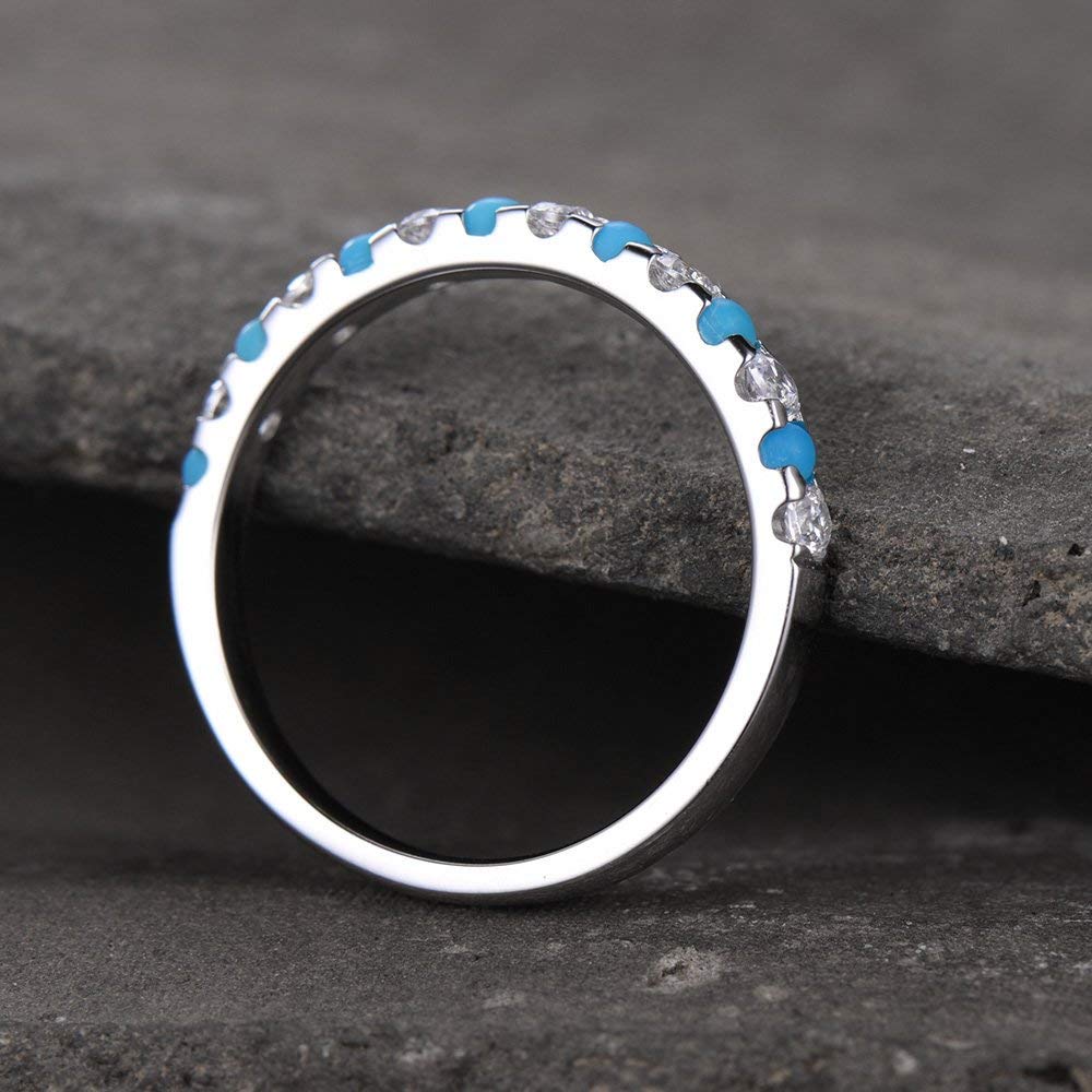Turquoise Half Eternity Wedding Band - Sterling Silver CZ Diamond Anniversary Ring (White Gold Plated) - Perfect for Bridal Jewelry, Engagement Gift & Matching Wedding Sets
