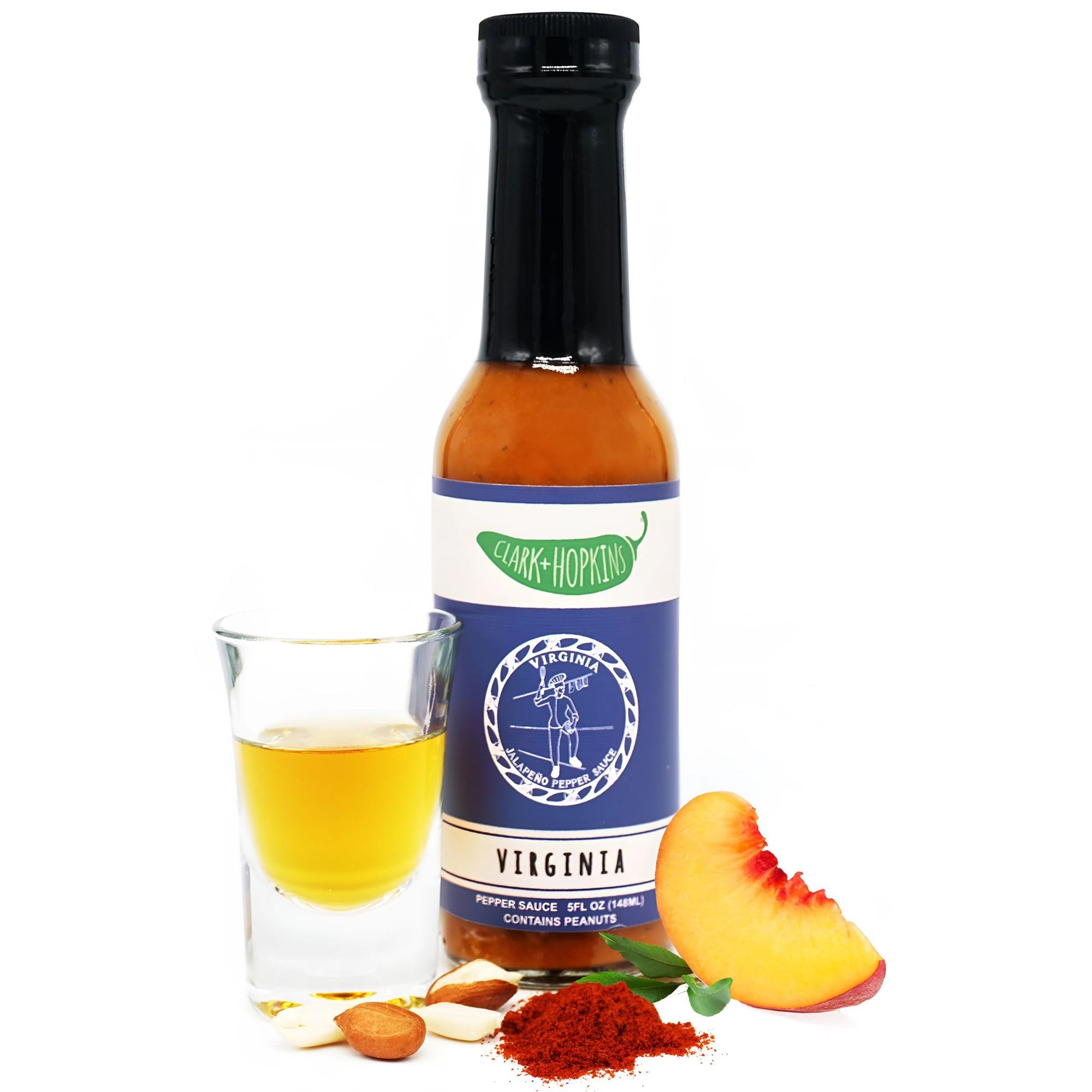 Clark + Hopkins Virginia Jalapeno Pepper Sauce with Peaches, Habanero & Whiskey - Medium Heat Hot Sauce (5 oz) - Perfect for Tacos, Wings & BBQ Glazes