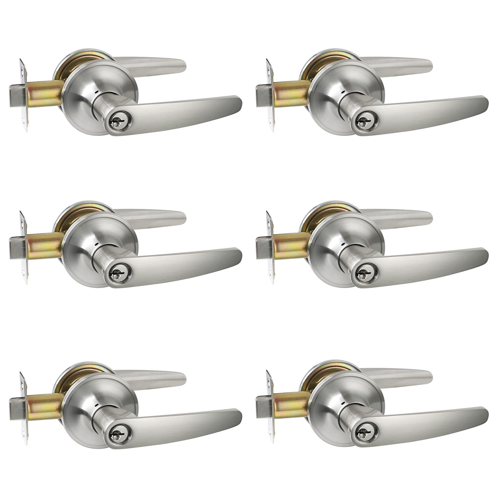 HISAFE 6-Pack Keyed Entry Door Lever Set - Exterior Door Handles with Different Keys, Satin Nickel Finish (X-TL021-SN-ET-6P) - Secure Your Home, Office, or Rental Property