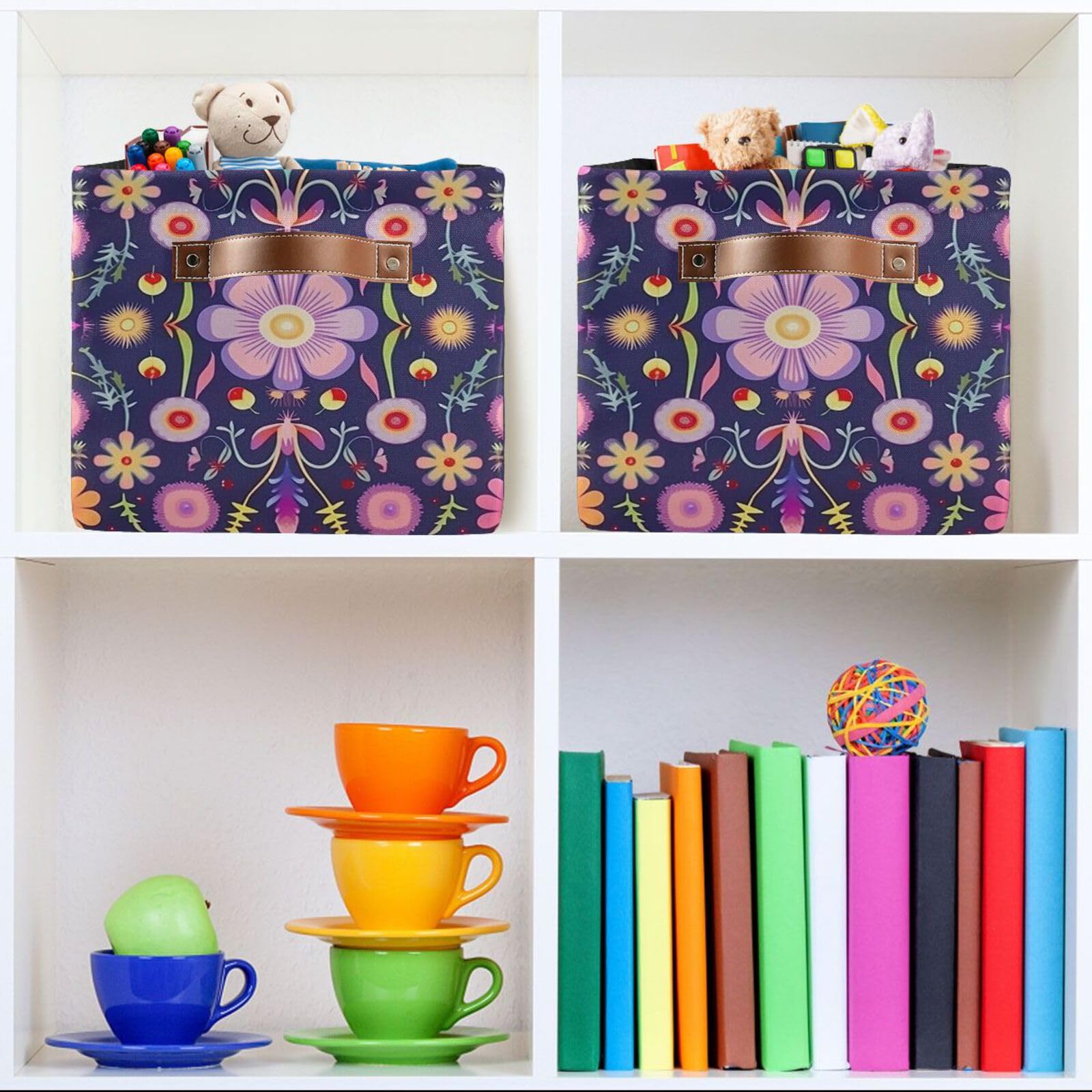 Foldable Canvas Storage Baskets with Handles - 2 Pack Rectangle Fabric Organizer Boxes with Floral Pattern for Home, Office & Closet Organization | Perfect for Clothes, Toys & Shelf Decor