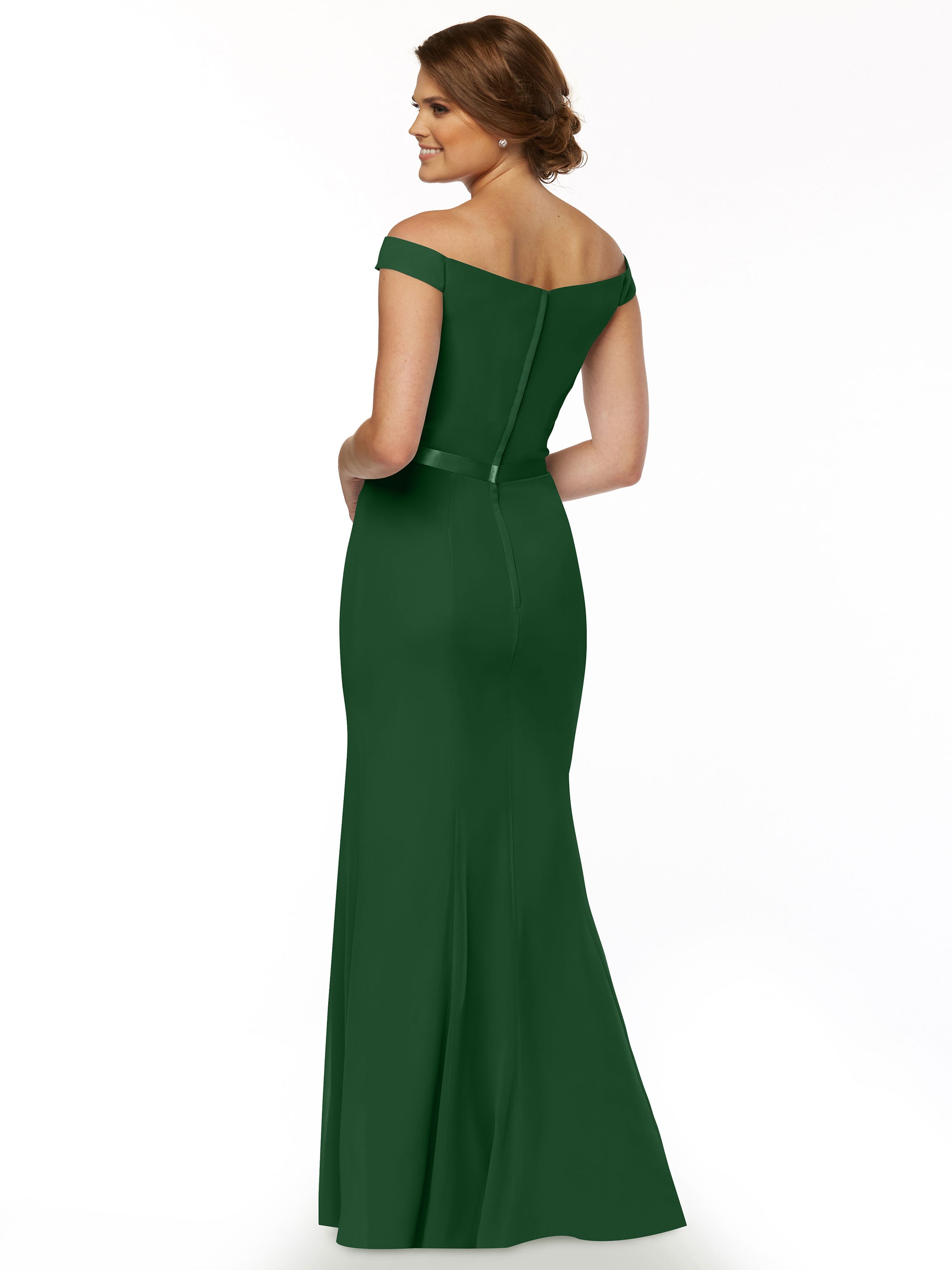 Elegant Off-The-Shoulder Chiffon Bridesmaid Dress with Ribbon Belt - Flowy Fit & Flare Design for Weddings, Parties & Special Occasions | Style #80079