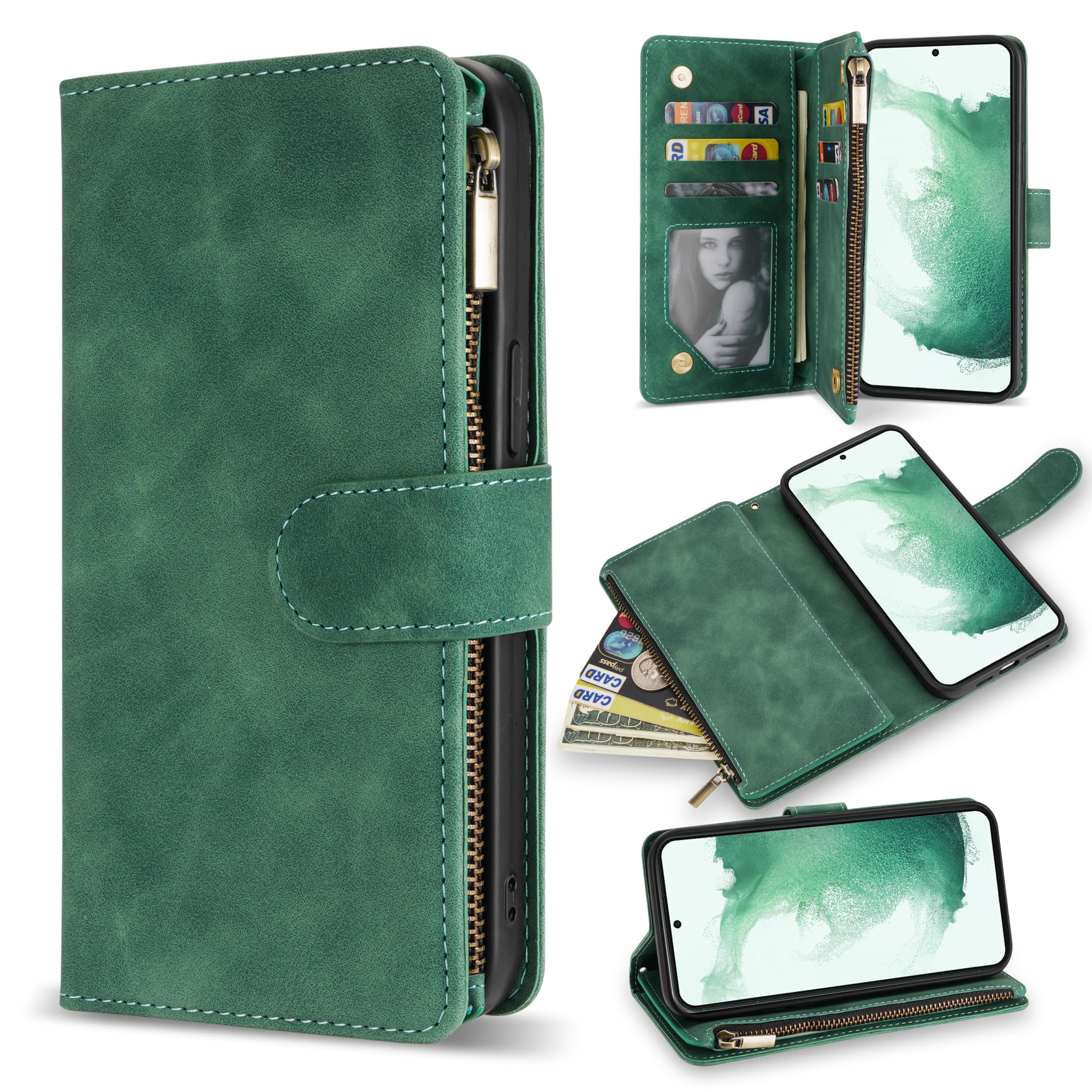 Premium Soft PU Leather Zipper Flip Wallet Case for Samsung Galaxy S22 Plus (6.6 Inch) - Card Slots, Wrist Strap & Kickstand | Protective Folio Cover for Everyday Use, Travel & Business (Green)