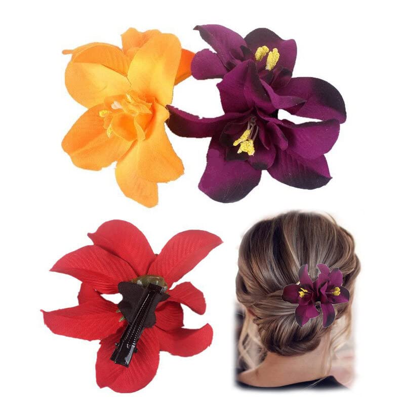 5PCS Butterfly Orchid Hair Clips - Double Hawaiian Flower Hair Accessories for Women, Party, Beach, Wedding & Tropical Fancy Dress (Perfect for Summer Vacations, Bridal Showers & Luau Themed Events)