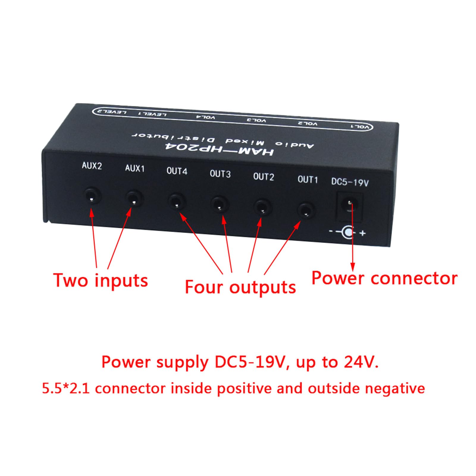 JSGHGDF 2 Input 4 Output 3.5mm Audio Mixer Switch - Stereo Headphone Distribution Box with Individual Volume Control for Home Studio, Gaming & DJ Setup