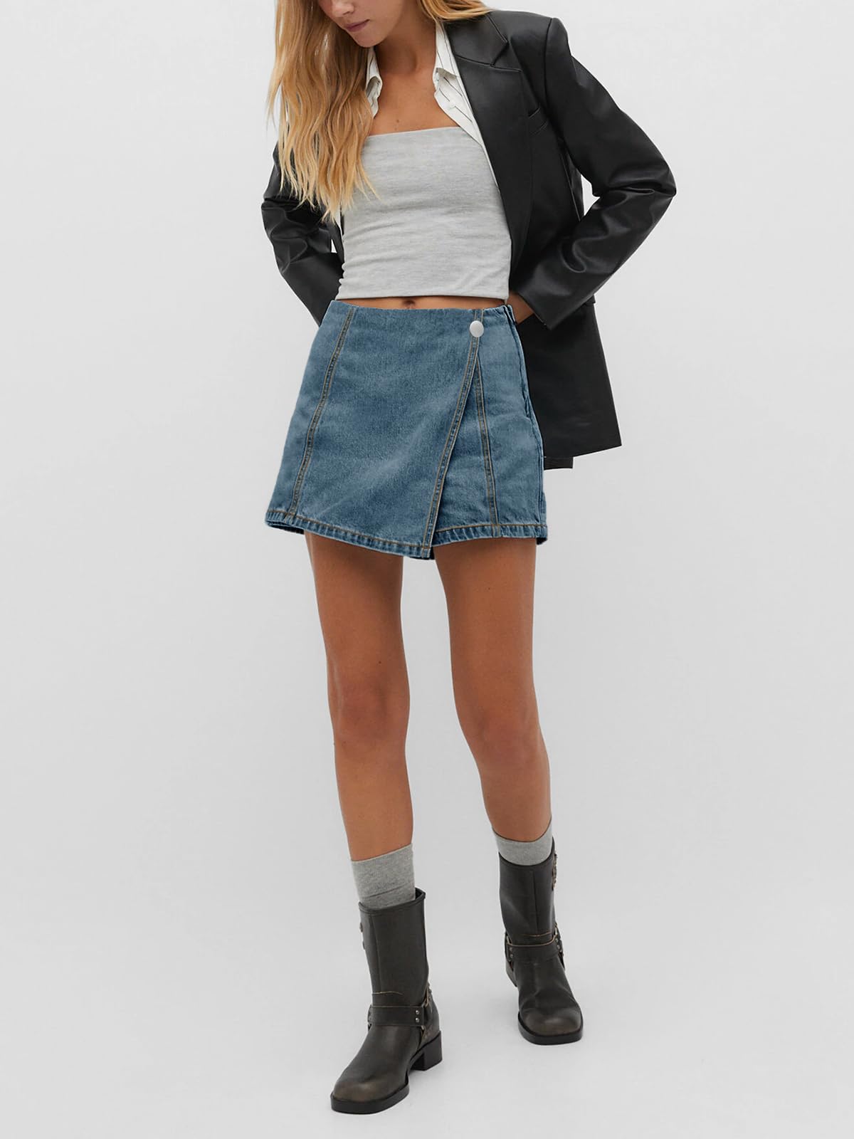 PLNOTME Women's High Waisted Denim Skorts - Stretchy Asymmetrical Hem Jean Skirt Shorts for Summer | Casual Outfits, Beach Wear & Outdoor Activities