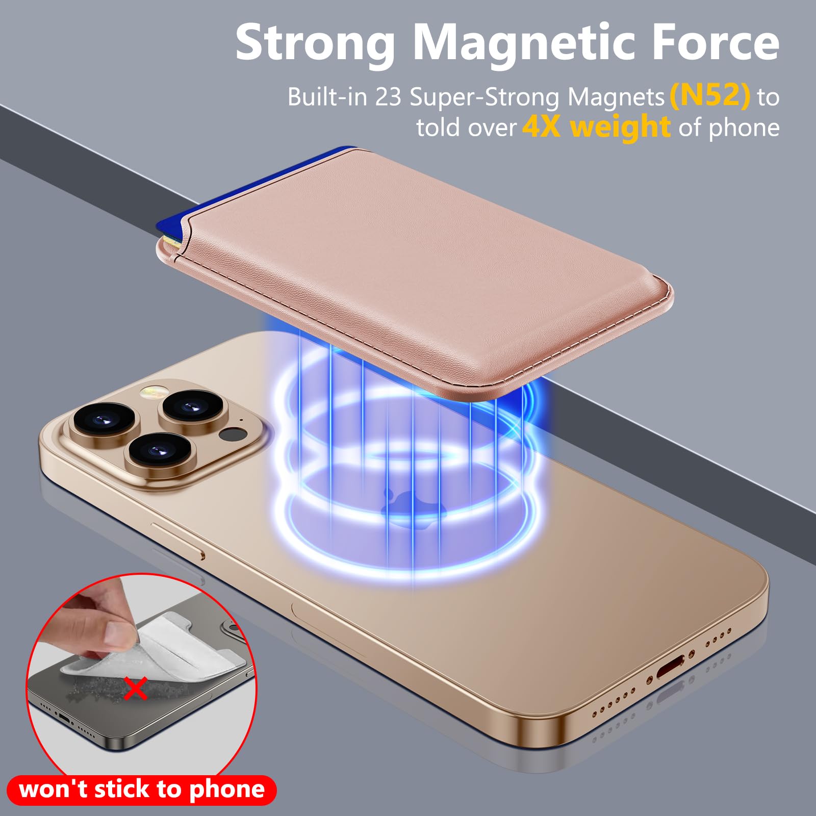 Upgraded Homsctect MagSafe Wallet for iPhone 16/15/14/13/12 Series - Slim Leather Magnetic Phone Wallet with 23 Powerful Magnets, 3 Card Holder & RFID Blocking (Rose Gold) | Perfect for Daily Commute, Travel & Contactless Payments