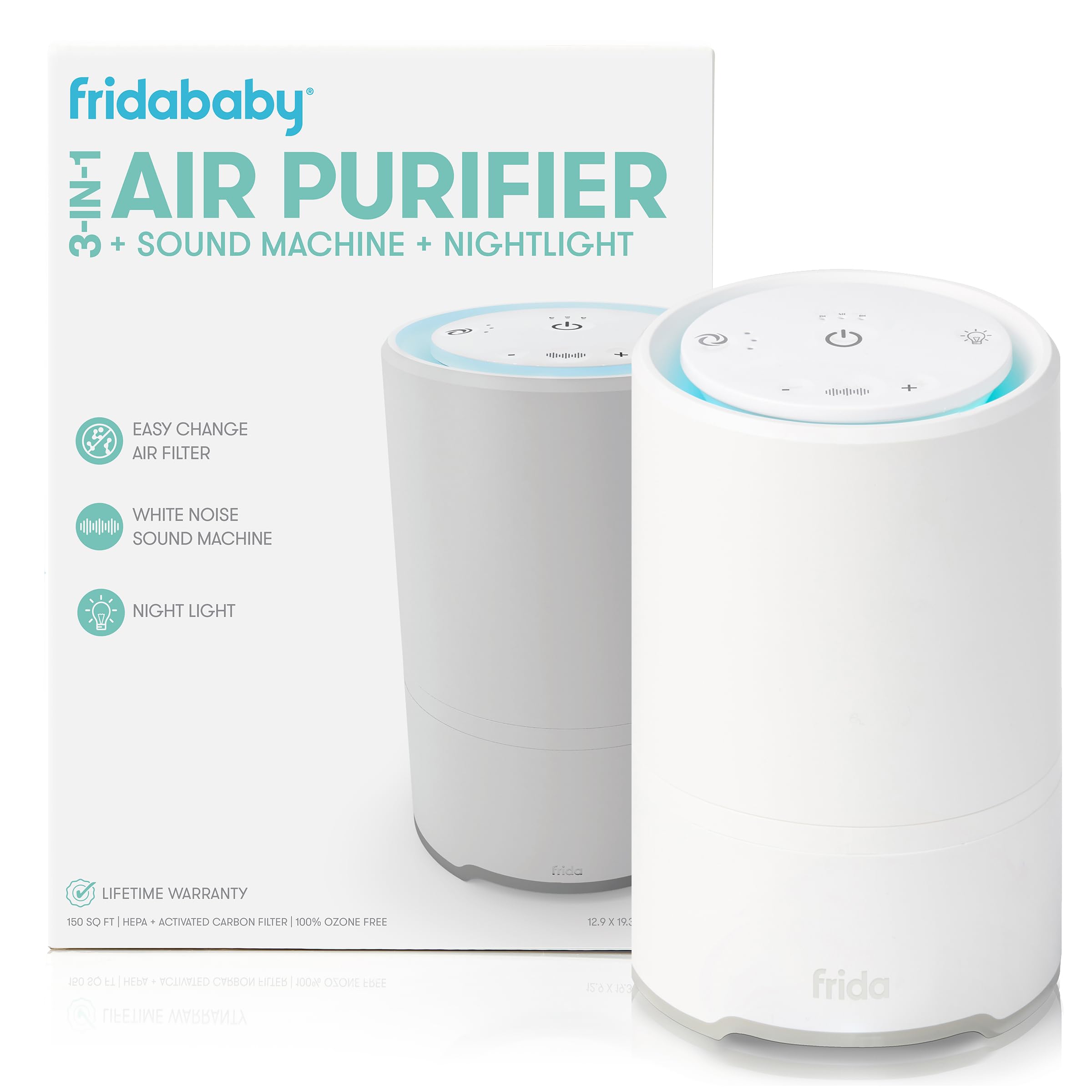 Frida Baby 3-in-1 Sound Machine, Night Light & Air Purifier for Nursery - White Noise for Baby Sleep, Adjustable Fan Speeds, Easy Filter Replacement, Auto Shut-Off Timer - Perfect for Bedrooms, Daycare & Travel