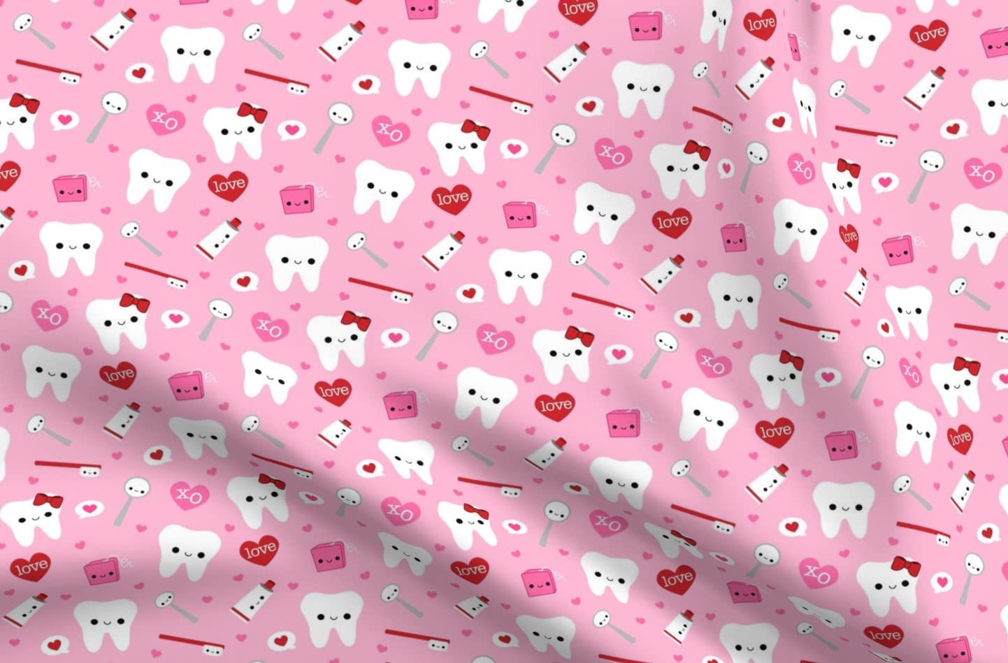 Happy Day Teeth Pink Cute Kawaii Tooth Dentist Dental Valentine's Printed Velvet Fabric - Spoonflower Upholstery & Apparel Material for DIY Home Decor, Quilting, and Craft Projects