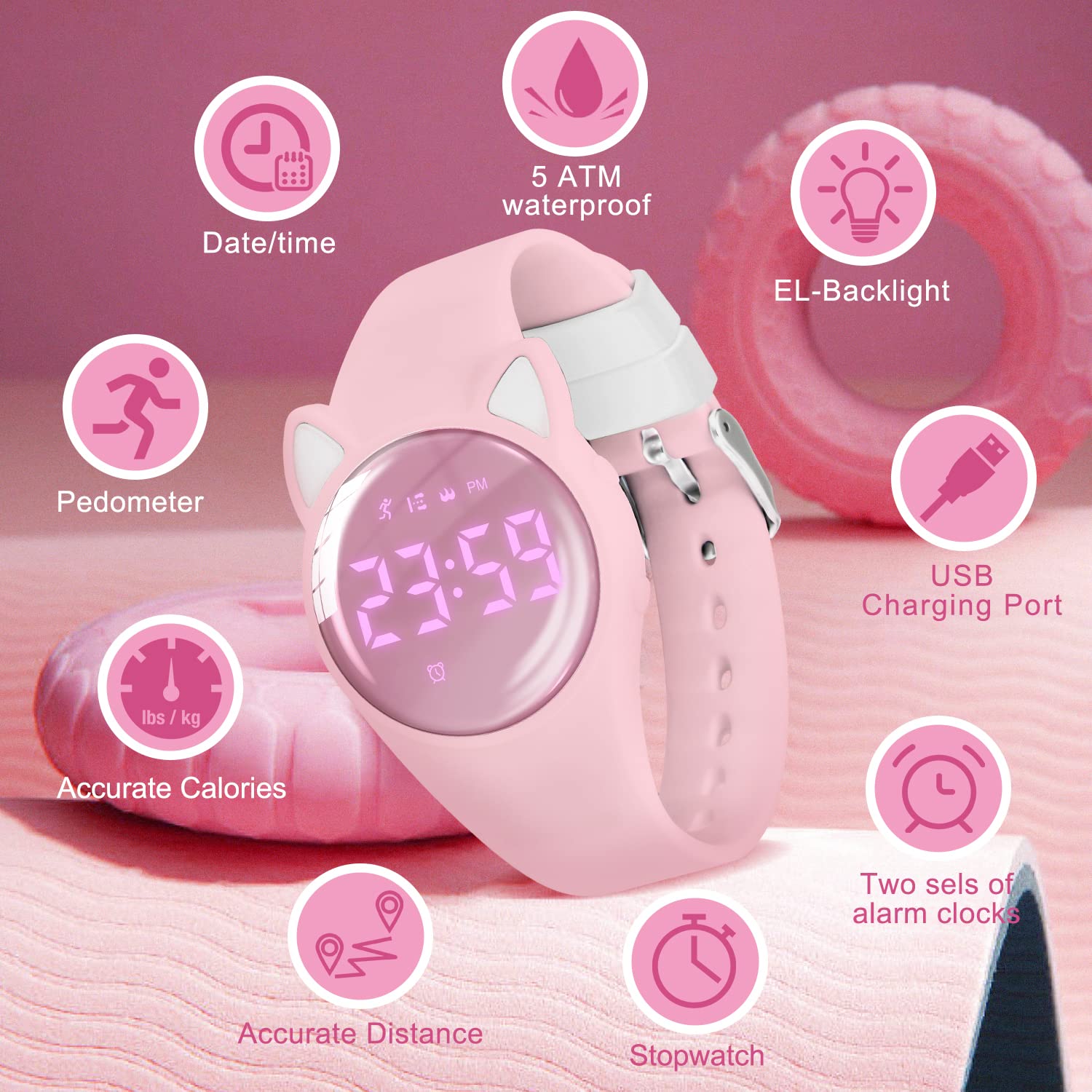 L LAVAREDO Kids Smart Watch - Cat Ear Fitness Tracker with Step Counter, Calorie & Distance Tracking, Vibrating Alarm - Perfect Gift for Girls & Cat Lovers (Ideal for School, Sports & Daily Activities)