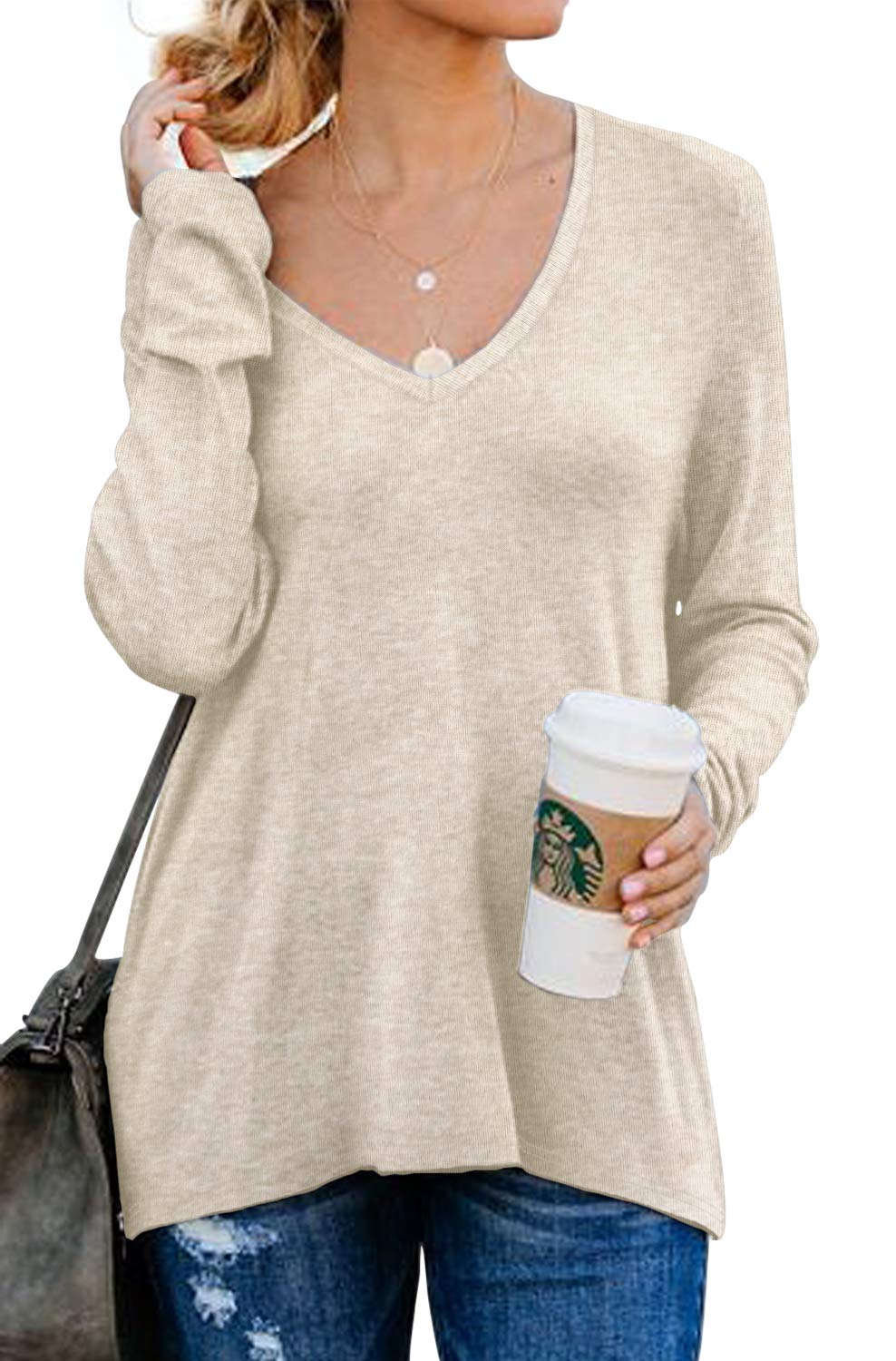 PrinStory Women's V-Neck Raglan Sweatshirt with Side Zipper - Casual Long Sleeve Tops for Everyday Wear