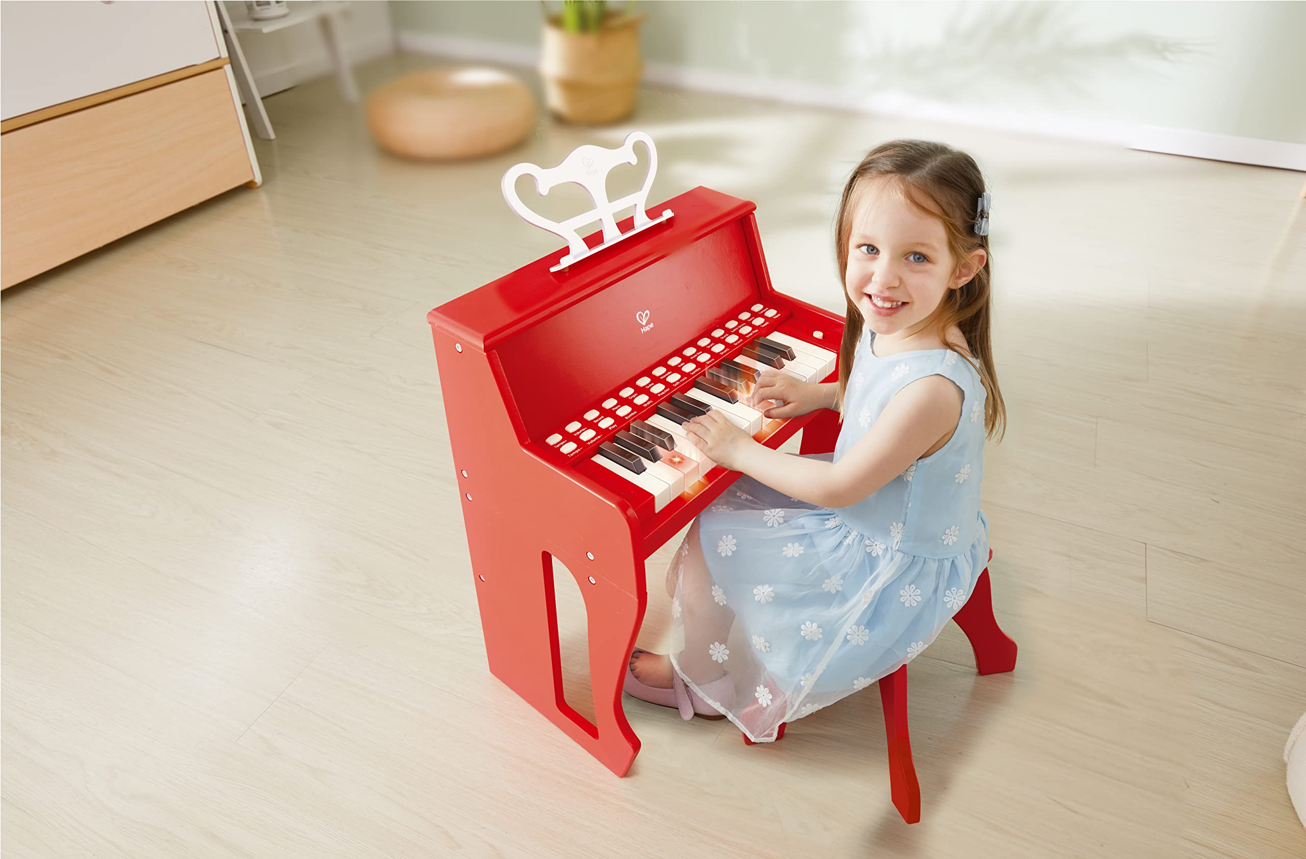 Hape Learn with Lights Red Piano with Stool - Interactive Musical Toy for Kids, Toddler Educational Keyboard with Light-Up Keys & Adjustable Bench - Perfect for Early Childhood Music Learning & Playroom Fun