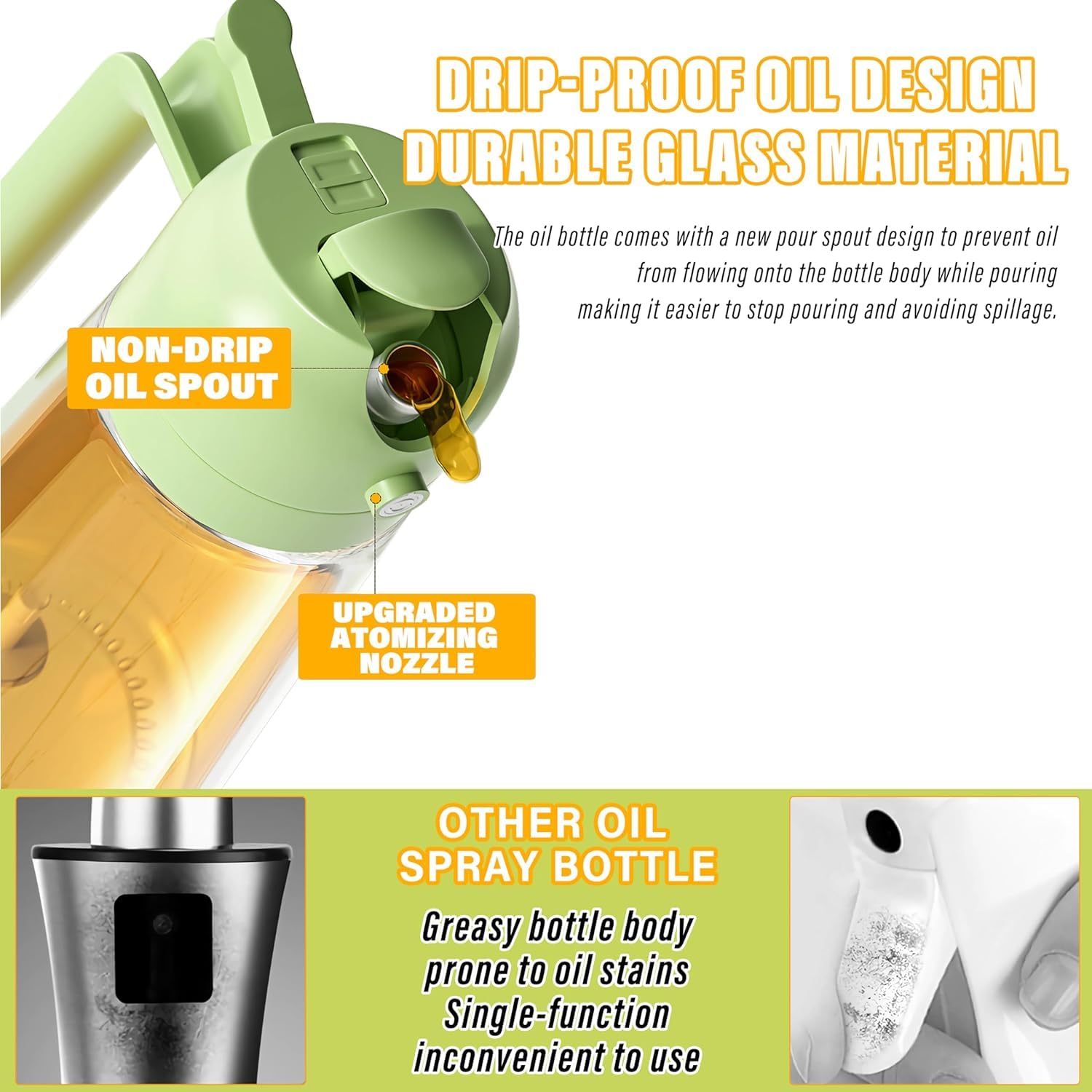 2 in 1 Glass Oil Sprayer & Dispenser - 16oz Food-Grade Kitchen Oil Spray Bottle with Pourer for Cooking, Salad Dressing & Frying - Perfect for Healthy Cooking & Meal Prep (Black)