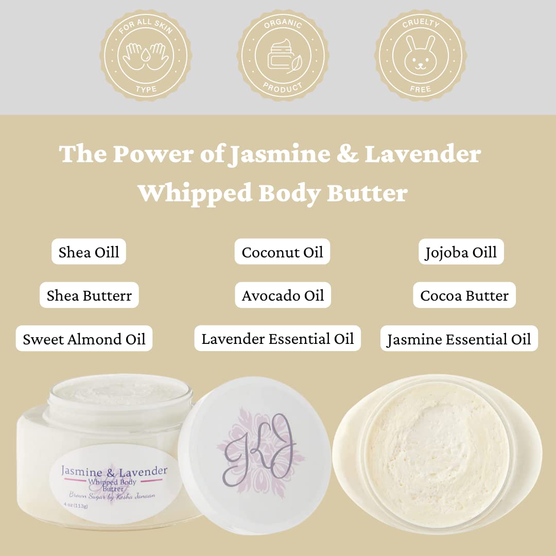 Organic Handmade Whipped Body Butter - Jasmine & Lavender Scented, 4 oz - Ultra Moisturizing & Nourishing for Dry Skin - Perfect for Daily Skincare, Gift & Spa Relaxation