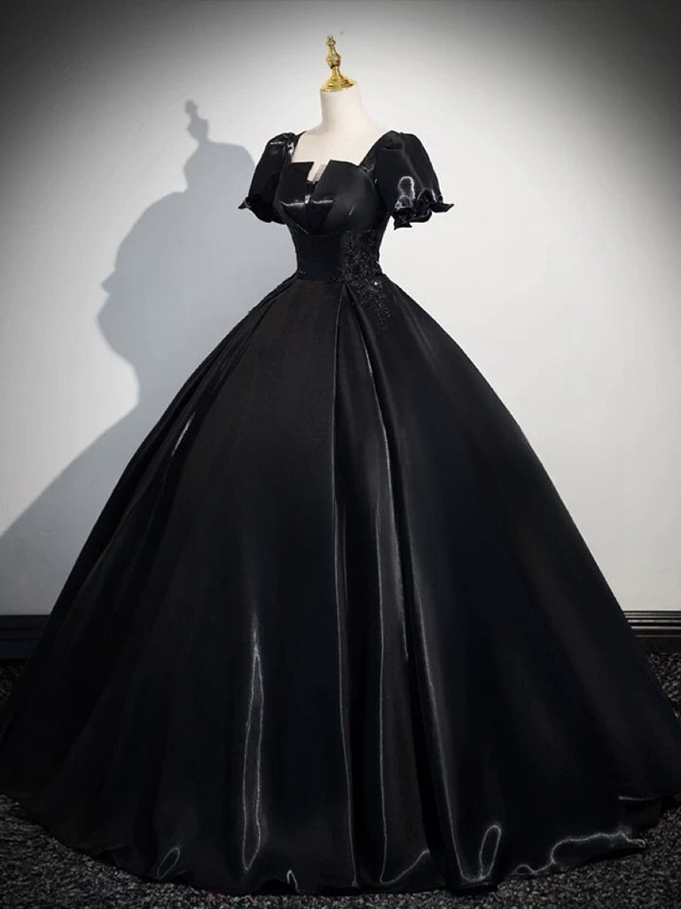 Elegant Black Satin A-Line Long Prom Dress with Short Sleeves - Perfect for Formal Dances, Evening Parties & Special Occasions
