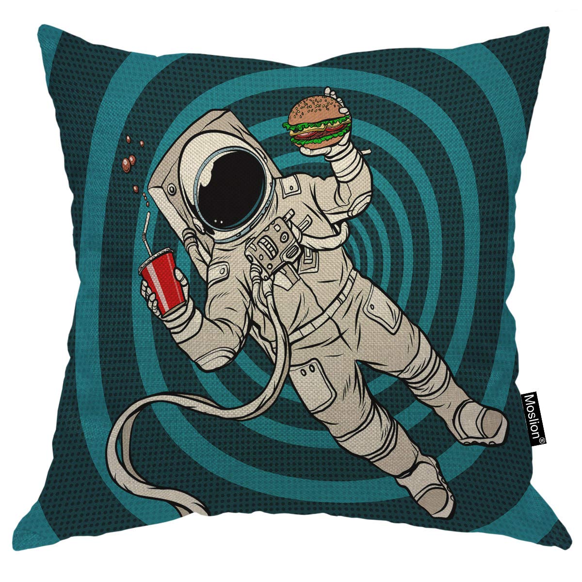 Astronaut Spiral Stripes with Cola & Hamburger Starship Throw Pillow Cover - 18x18 Inch Cotton Linen Square Cushion Case for Bedroom, Living Room, Space-Themed Decor