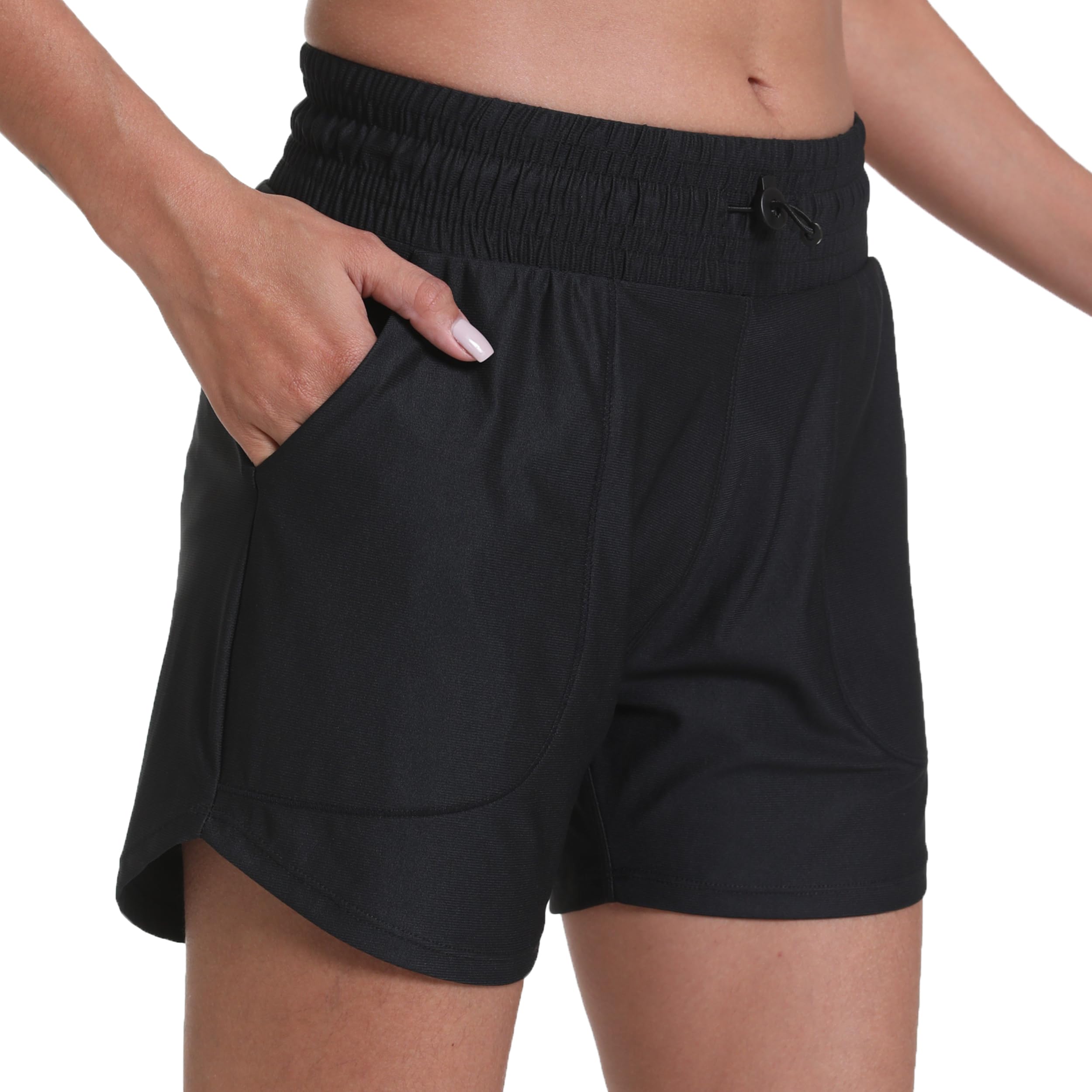 Haowind Women's Workout Shorts with Pockets - Mid Waist Athletic Running Shorts, Lightweight Gym Shorts with Liner - Perfect for Yoga, Jogging & Fitness Training