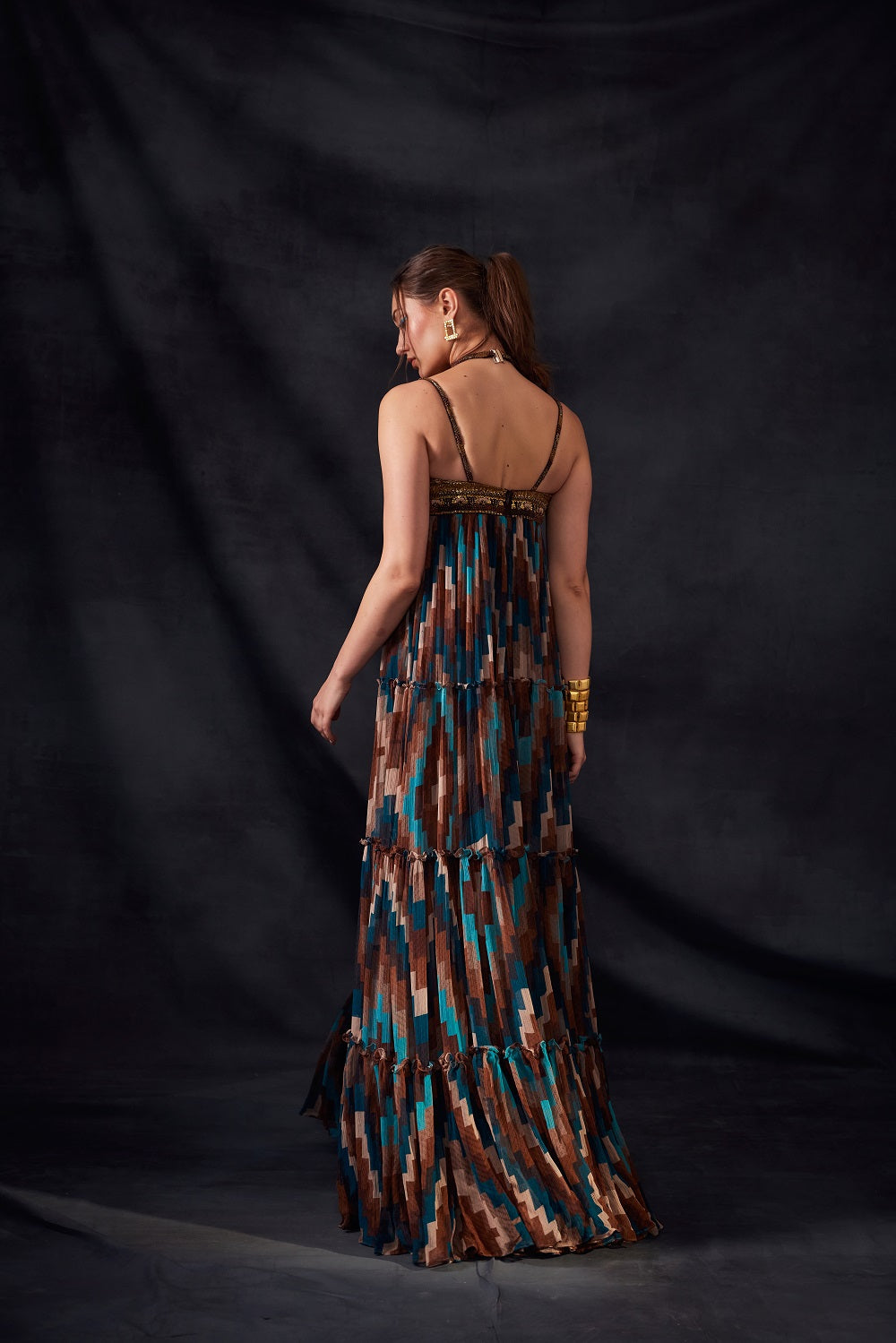 Turquoise Grid Print Maxi Dress with Aged Gold Embroidery - Boho Chic Summer Beach Dress for Vacation & Party Wear