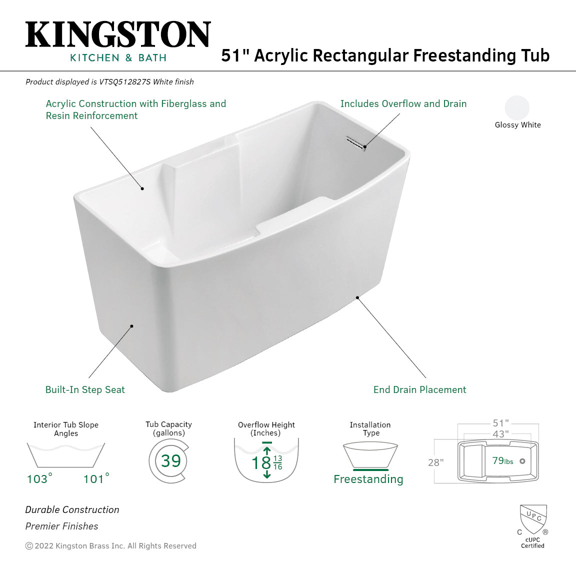 Aqua Eden 51 Inch Acrylic Freestanding Bathtub - Glossy White Rectangular Double Slipper Tub with Drain & Built-in Seat | Perfect for Spa-Like Bathroom Relaxation & Luxury Home Decor