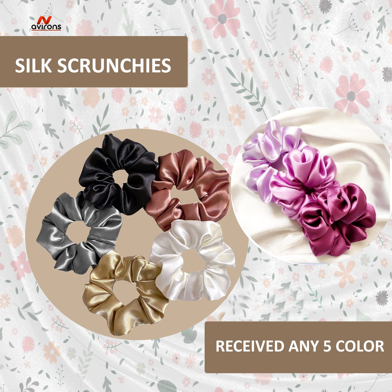 Avirons Premium Satin Silk Scrunchies for Women - 5 Pack Hair Ties for Less Hair Breakage, Soft Hair Bands for Girls - Perfect Gift for Mom, Sister & Girlfriend | Great for Work, Gym, and Everyday Use