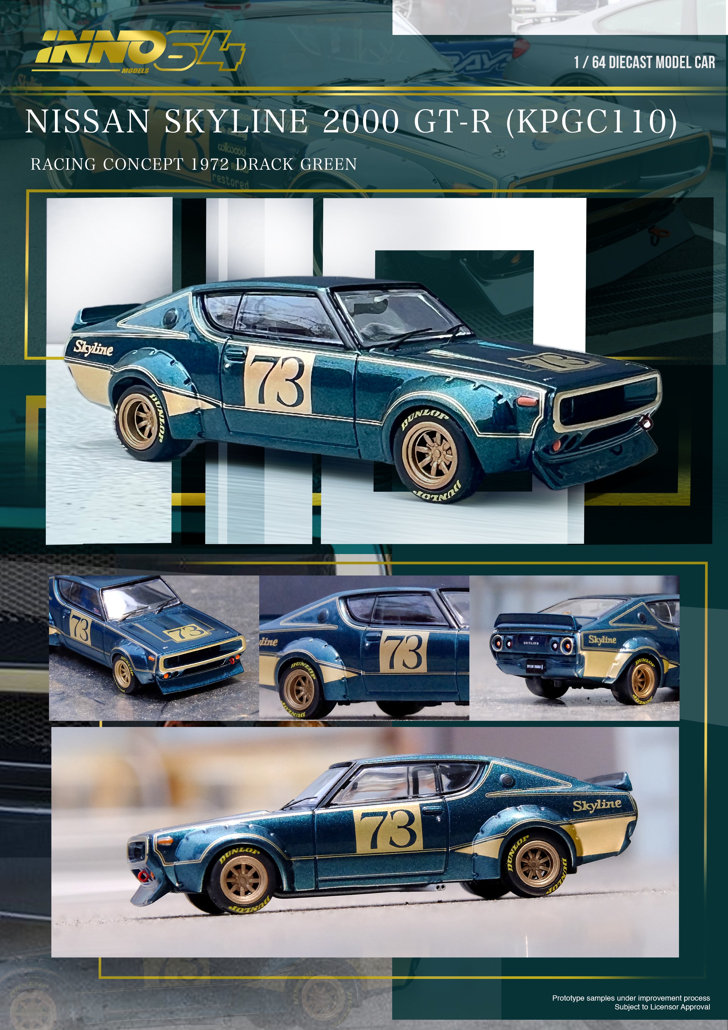 INNO64 1:64 Scale Diecast Model Car - Nissan Skyline 2000GT R (KPGC110) Racing Concept Green - Collectible Miniature Vehicle for Display, Racing Diorama & Car Enthusiast Gifts