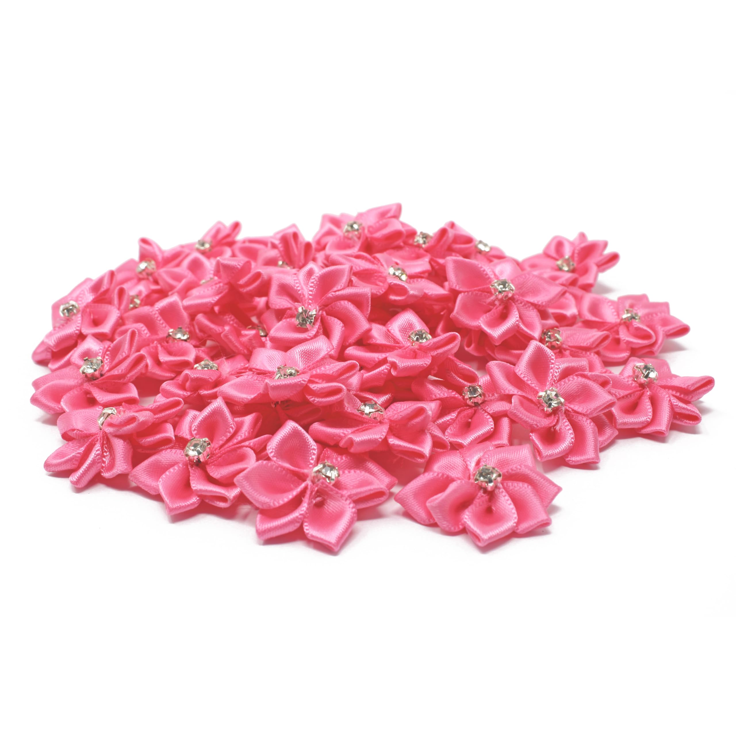 25mm Pink Satin Ribbon Flowers with Rhinestone Diamante Center - Pack of 10 for DIY Crafts, Wedding Bouquets, Hair Accessories & Gift Wrapping