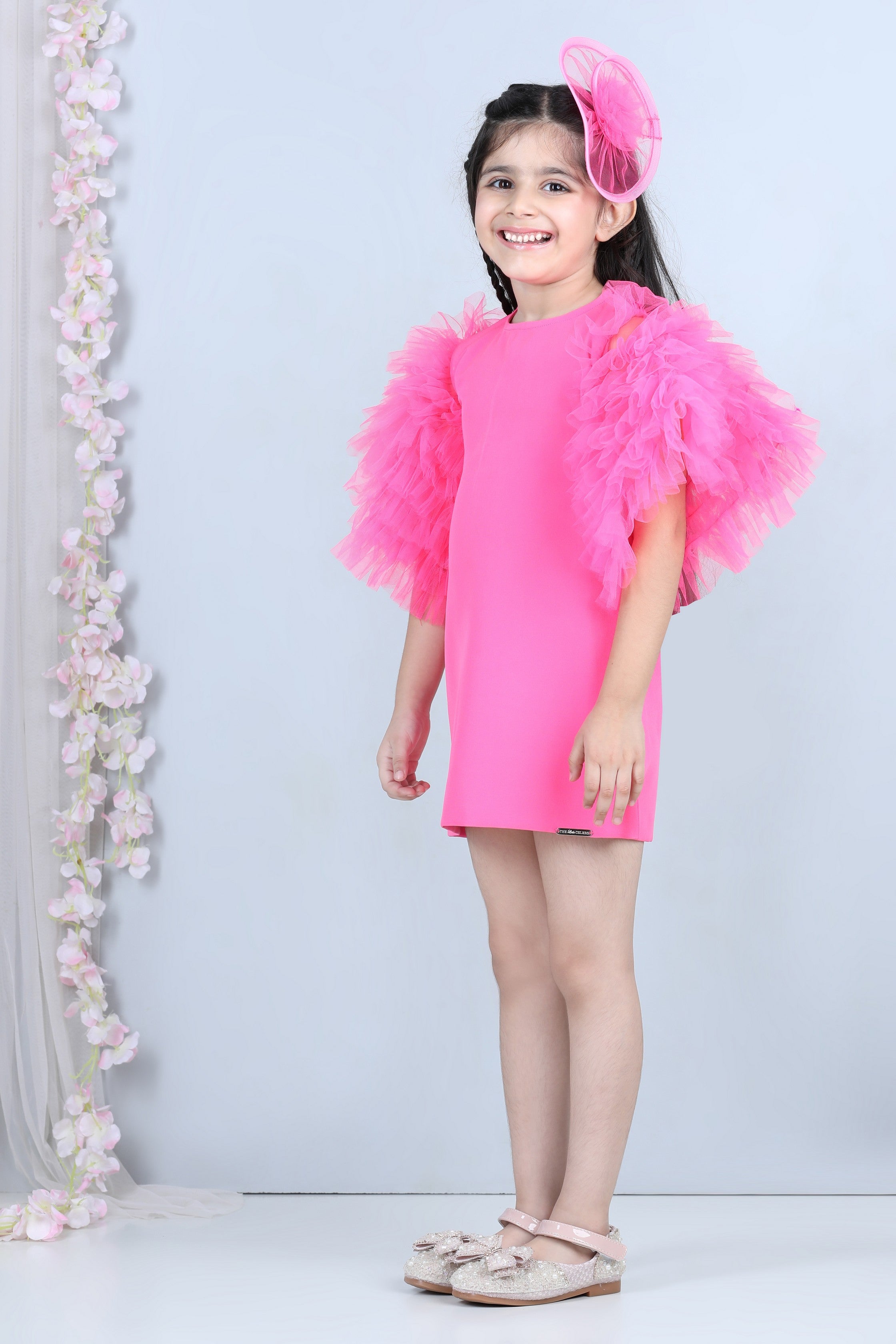 Pre Order: Elegant Pink Short Dress with Tulle Sleeves - Perfect for Parties, Weddings & Special Occasions