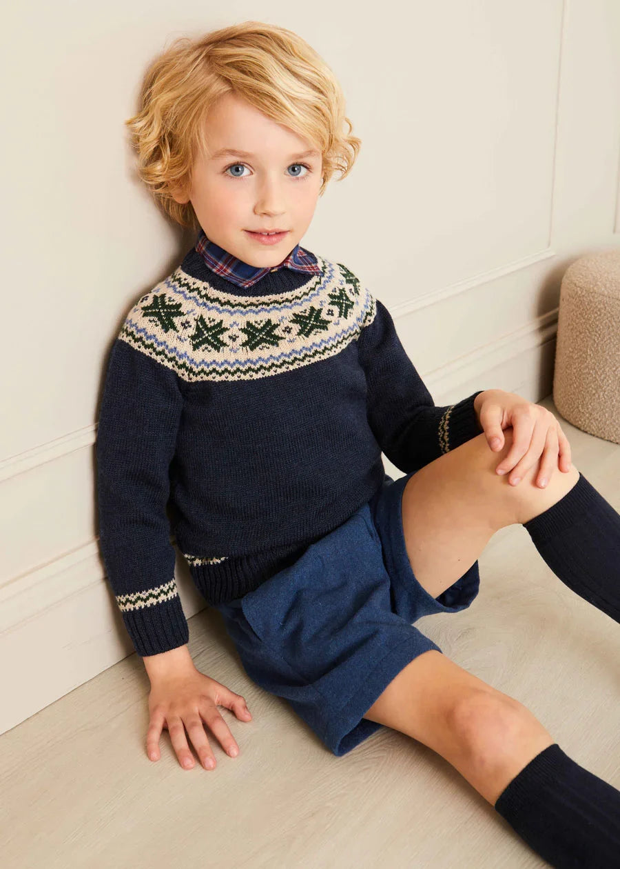 Classic Navy Fair Isle Merino Wool Sweater for Boys - Warm Winter Knit Pullover for School & Outdoor Activities