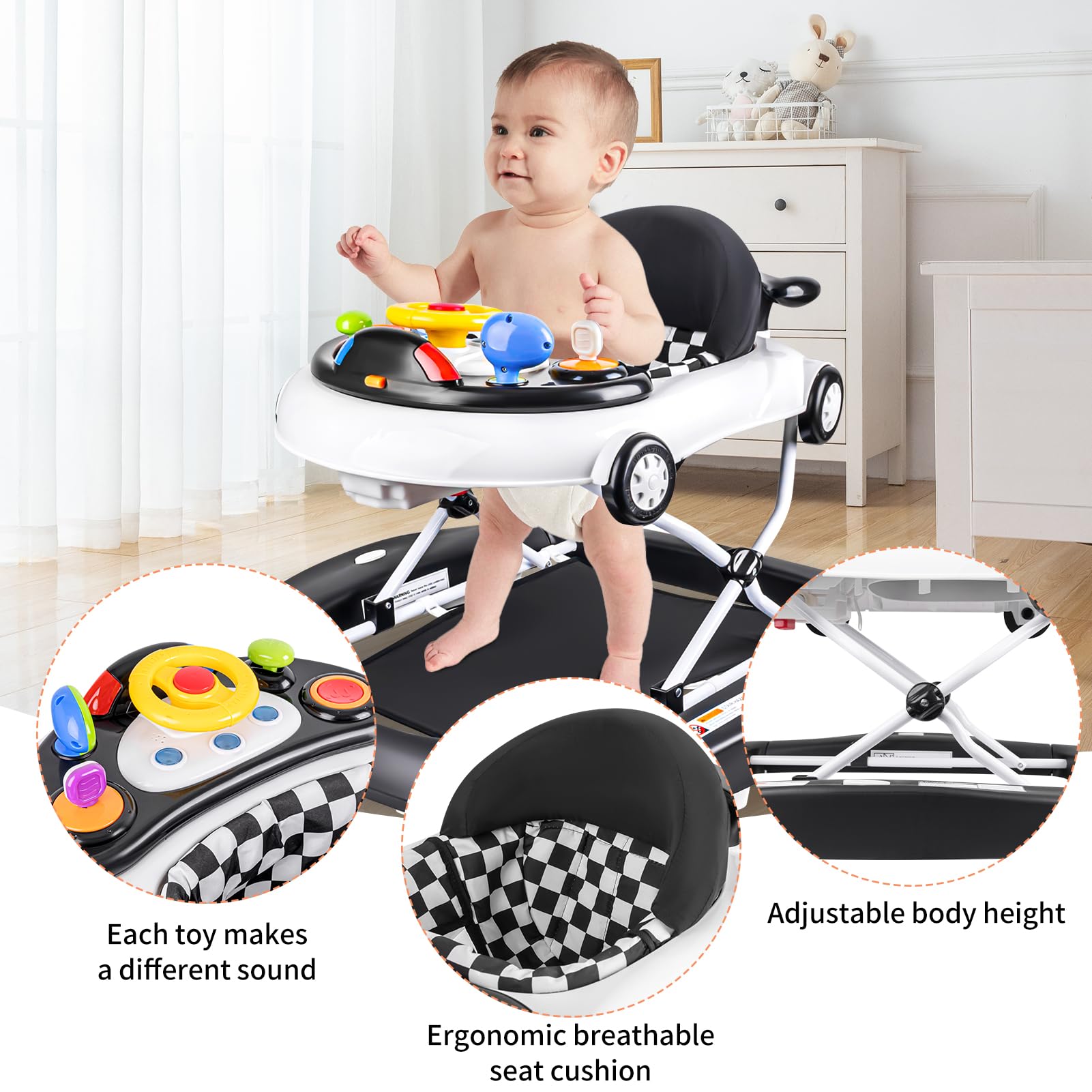 5-in-1 Baby Activity Walker with Wheels - Adjustable Height & Speed Control, Musical Toy for Infants 7-18 Months (Black) | Perfect for Learning to Walk, Playtime & Indoor Mobility