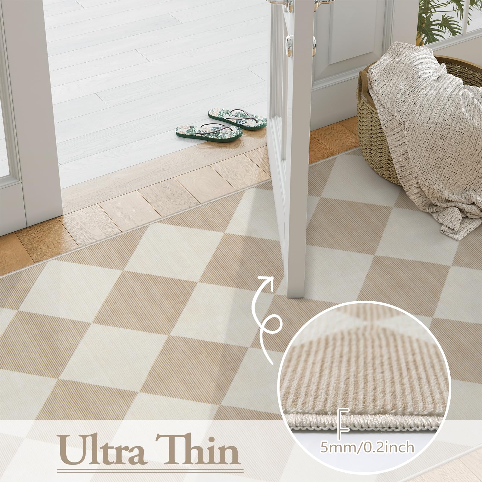 Beeiva 6ft Checkered Carpet Runner - Ultra Thin Washable Non-Slip Hallway Rug, Beige Moroccan Plaid 2x6 Floor Mat for Kitchen, Bedroom, Bathroom & Entryway - Perfect for High-Traffic Areas & Home Decor