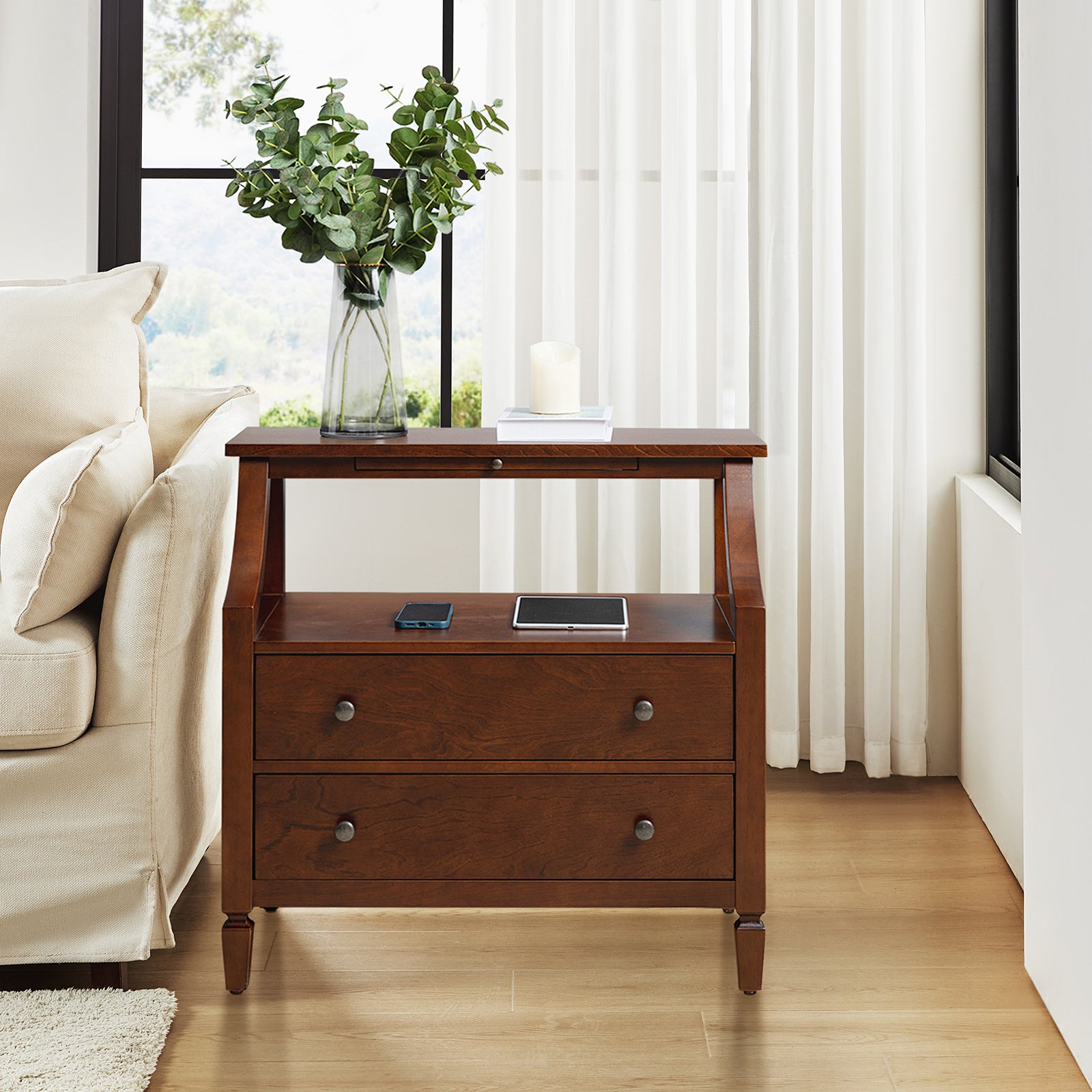 Grace 2-Drawer Nightstand with USB Charging Ports & Power Outlets - Modern Bedside Table for Bedroom, Living Room & Office Use
